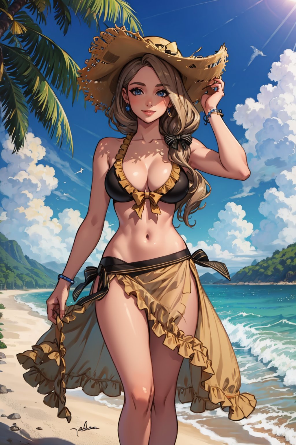 masterpiece, best quality, sumMercedes, sun hat, hair bow, black bikini, sarong, bracelet, large breasts, looking at viewer, beach, smile <lora:mercedes-nvwls-v2-000012:0.8>