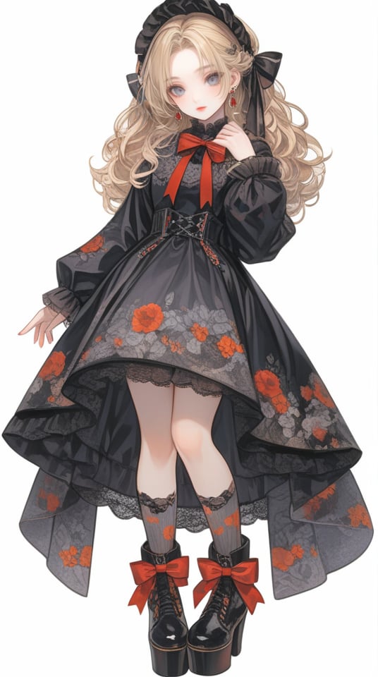 (best quality), ((masterpiece)), (highres), illustration, original, extremely detailed,  <lora:幻想华服萝莉:0.6>1girl, solo, long hair, white background, dress, jewelry, platform footwear, simple background, bow, earrings, black footwear, grey eyes, full body, print legwear, long sleeves, red bow, looking at viewer, black dress, high heels, standing, blonde hair, lace, ribbon, socks, footwear bow, boots, lolita fashion