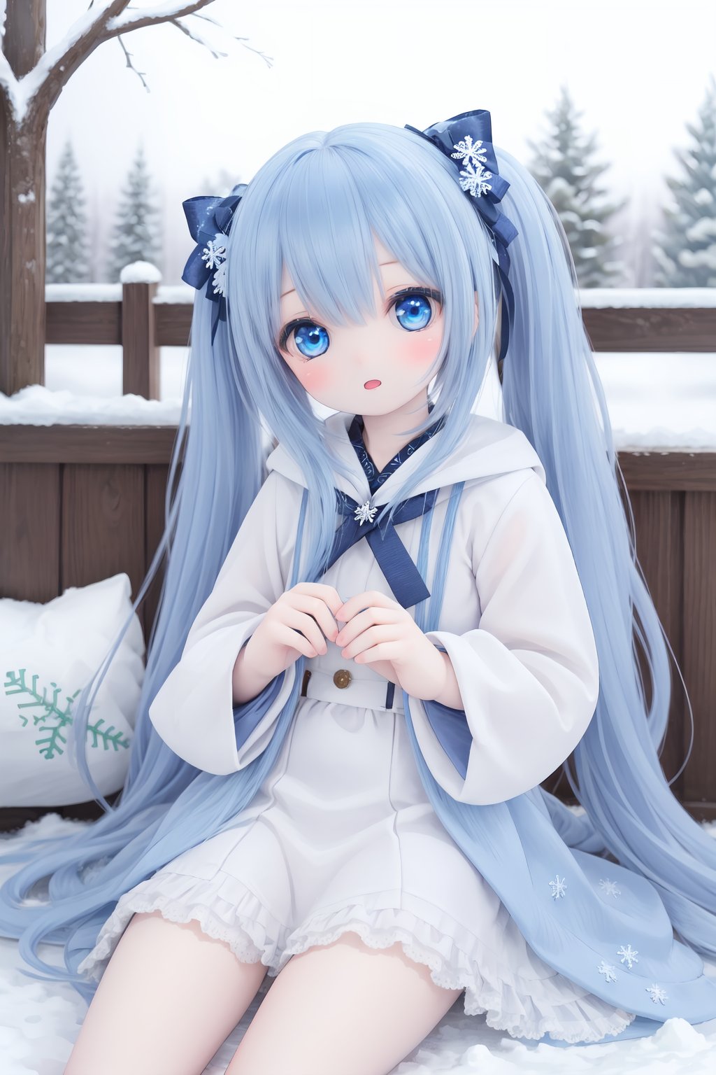 (very long hair,cowboy shot),1girl,dress,blue hair,barefoot,blue dress,solo,blue eyes,((snowflake pattern)),light bule tone, looking at viewer,snow,bangs,snowing,snowflakes,sitting,yukimiku, mikudef,twin_tails<lora:doll-v1:0.5>,