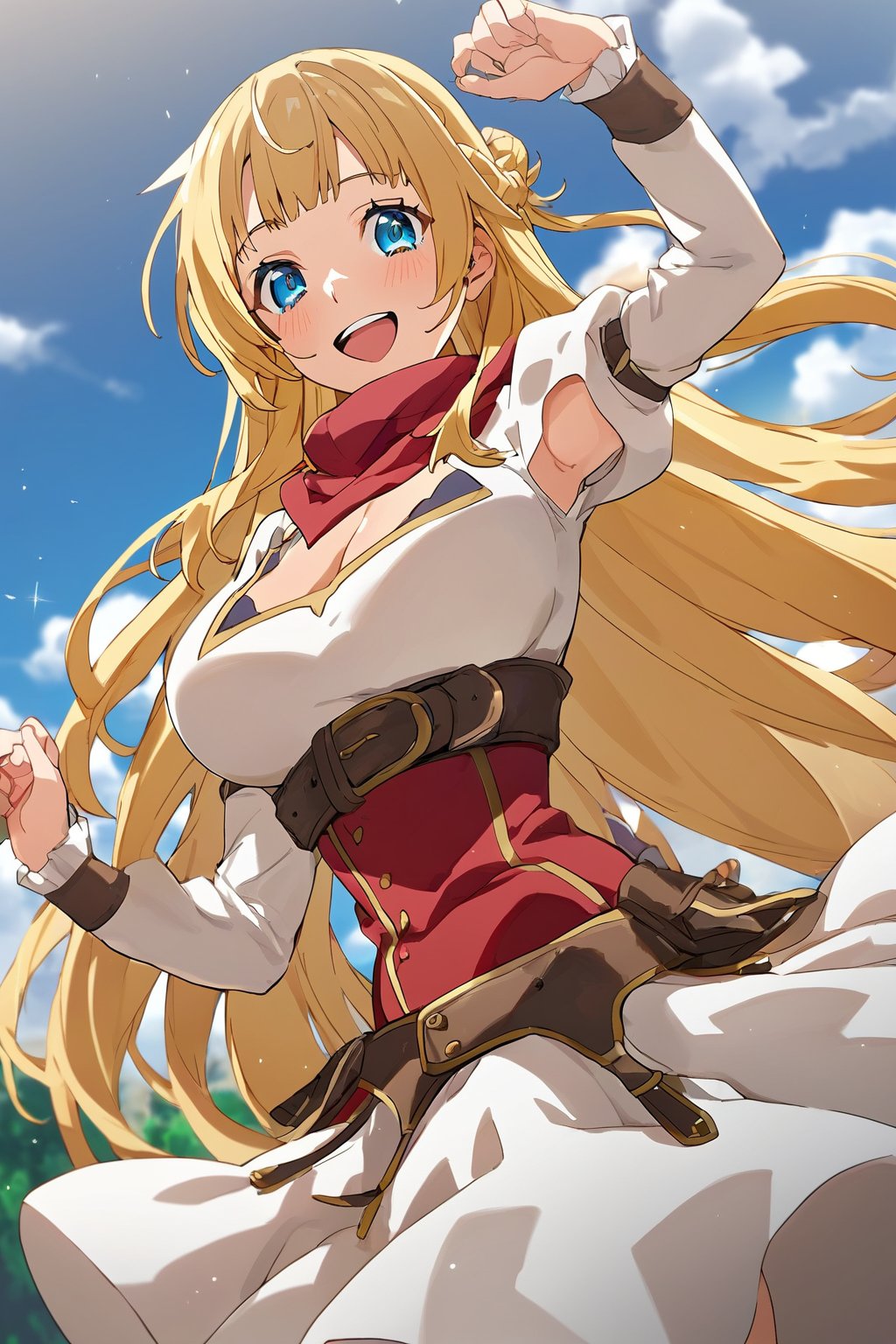 score_9, score_8_up, score_7_up, score_6_up, score_5_up, score_4_up, source_anime,ritto, 1girl, long hair, solo, blonde hair, blue eyes, open mouth, smile, clothing cutout, breasts, long sleeves, cloud, sky, outdoors, braid, arm up, belt, blunt bangs, very long hair, dress, day, armpits, :d, blush, puffy sleeves, looking at viewer, teeth, blue sky, upper teeth only, cleavage cutout,red scarf, masterpiece, perfect face, best quality, beautiful girl, cute girl, beautiful eyes, shiny eyes, anime coloring, anime screencap, absurdres, award winning, <lora:ritto nai 903:0.8>