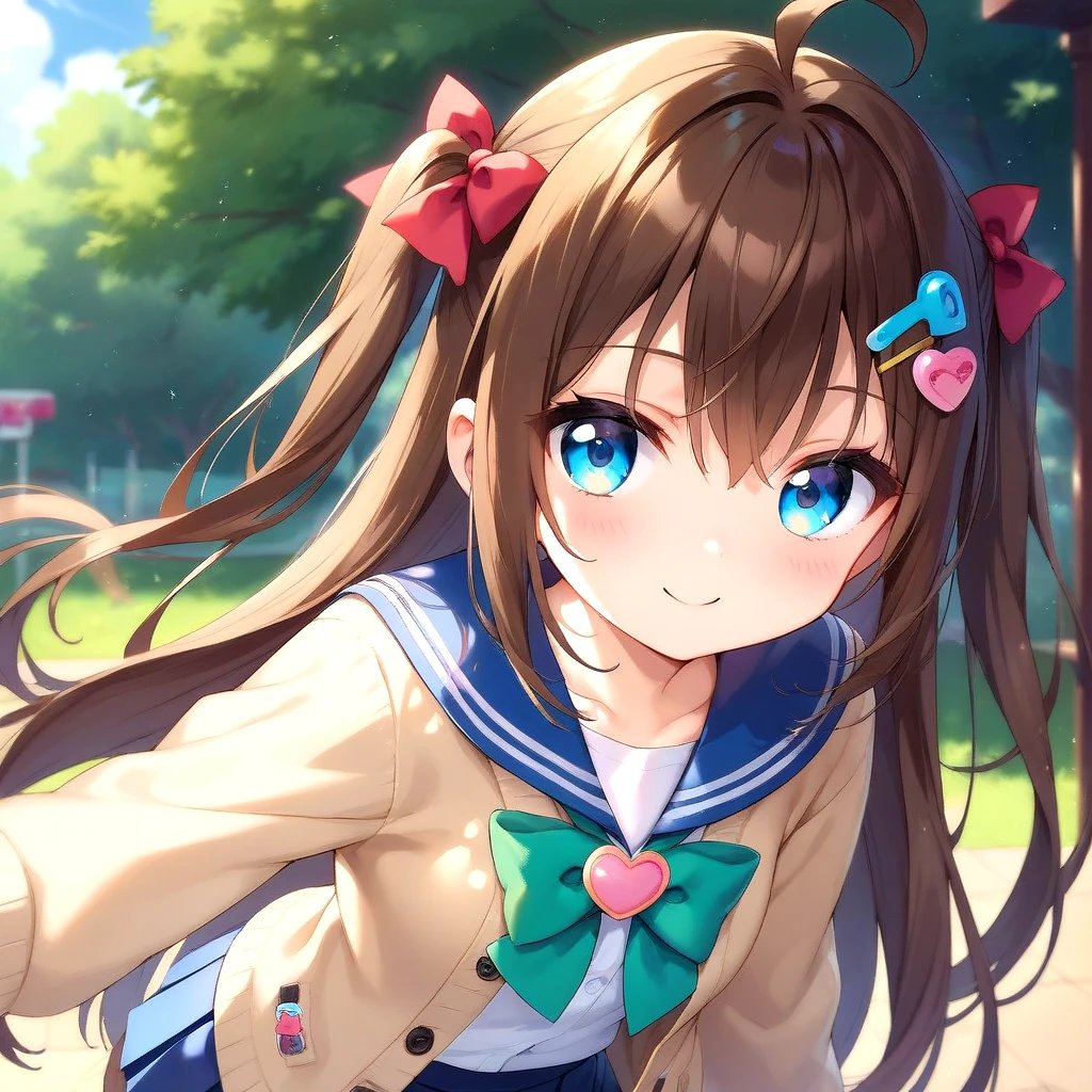 score_9,score_8_up,score_7_up,score_6_up BREAK official art,solo,outdoors,smile,upper body,(portrait:1.5),looking at viewer,facing viewer,Neuro-sama,ahoge,very long hair,long hair,brown hair,two side up,hair bow,red bow,hairclip,heart hair ornament,hair between eyes,bangs,blue eyes,school uniform,blue sailor collar,brown cardigan,open clothes,open cardigan,white shirt,green bow,puffy long sleeves,sleeves past wrists,button badge,small breasts,blue skirt,pleated skirt,bandaid on knee,single thighhigh,asymmetrical legwear,black thighhighs,single sock,loafers,brown footwear