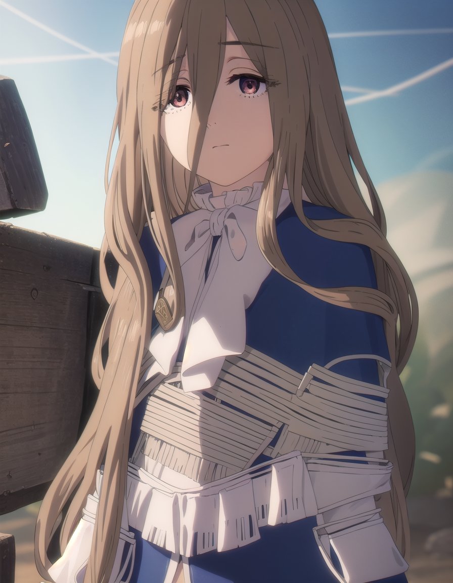 magesense, <lora:mage sense s1-lora-nochekaiser:1>,sense, long hair, brown hair, hair between eyes, (brown eyes:1.5), very long hair, ahoge,BREAK bow, bowtie, white bow, capelet, blue capelet, frills, wide sleeves,BREAK outdoors,BREAK looking at viewer, (cowboy shot:1.5),BREAK <lyco:GoodHands-beta2:1>, (masterpiece:1.2), best quality, high resolution, unity 8k wallpaper, (illustration:0.8), (beautiful detailed eyes:1.6), extremely detailed face, perfect lighting, extremely detailed CG, (perfect hands, perfect anatomy),