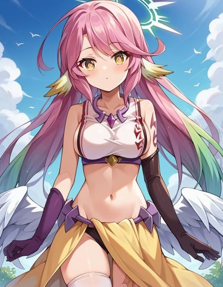 score_9, score_8_up, score_7_up, source_anime,jibril, <lora:jibril-ponyxl-lora-nochekaiser:1>,jibril, angel, angel wings, animal ears, bird ears, compass rose halo, feathered wings, feathers, gradient hair, halo, long hair, low wings, multicolored hair, navel, pink hair, symbol-shaped pupils, tattoo, white wings, wing ears, wings, yellow eyes,asymmetrical legwear, crop top, cross, gloves, mismatched legwear, sideboob,outdoors, sky, blue sky, clouds, sun, flying,looking at viewer, cowboy shot, dutch angle,