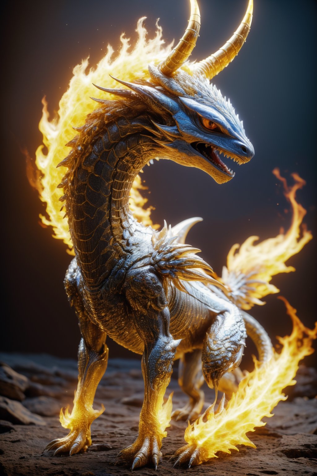 (best quality:1.4),(masterpiece:1.4),(photorealistic:1.4),(Realistic:1.2),(ultra high res, raw photo:1.4),(hdr, hyperdetailed:1.2),(8K:1.2),cinematic photo dragon, no humans, solo, animal focus, colored sclera, full body, standing, horns, claws, closed mouth, from side, tail, fire, black sclera, white fur, yellow sclera,