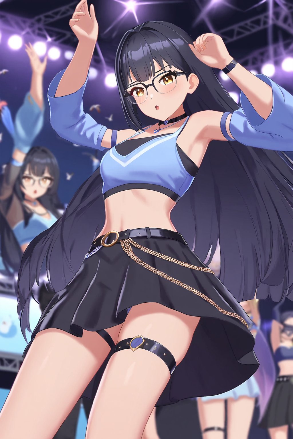 sinuo,1girl,long hair,black skirt,glasses,black hair,choker,thigh strap,looking at viewer,necklace,belt,detached sleeves,black choker,jewelry,yellow eyes,blue crop top,,stage,stage lights,birds,blurry background,blurry foreground,open clothes,from below,dancing,hands up,:o,<lora:zhijiang-sinuo-000004:0.5>,