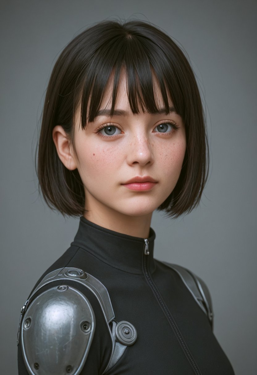 score_9, score_8_up, score_7_up, score_6_up, BREAK , source_real, raw, photo, realistic,  BREAK, 1girl, solo, black hair, looking at viewer, freckles, lips, eyelashes, portrait, detailed background, bangs, closed mouth, headgear, nose, science fiction, from side, blunt bangs, short hair, grey eyes, bodysuit, jewelry, expressionless, cyborg