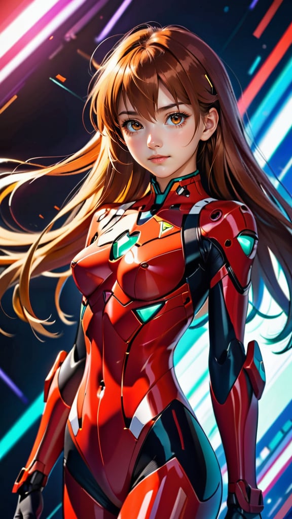 1girl, souryuu asuka langley, neon genesis evangelion, rebuild of evangelion, plugsuit, pilot suit, red bodysuit, looking at viewer, long hair blowing in the wind, (colorful flare abstract background:1.3), (intricate details), (dynamic angle), masterpiece, best quality, very aesthetic, absurdres, 4n1v3rs3,