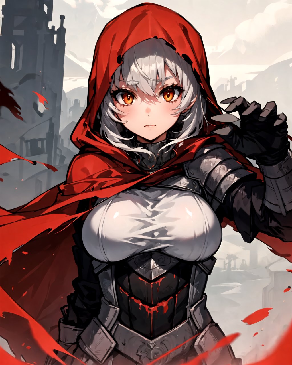 detailed, solo, 1girl,  upper body, large breasts, orange eyes, red hood, ashen, gray-haired, cloak,  Gael, <lora:Gael:0.8>