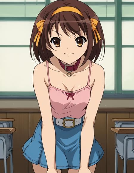 score_9, score_8_up, score_7_up, source_anime,haruhisuzumiya,  <lora:haruhi-suzumiya-s1-ponyxl-lora-nochekaiser:1>,haruhi suzumiya, short hair, brown hair, brown eyes, hairband, medium hair, ribbon, hair ribbon,skirt, casual, camisole, pink camisole, bare shoulders, collar bone, belt, white belt, skirt, denim skirt, short skirt,indoors, classroom, bent over, smile,looking at viewer, cowboy shot, solo,