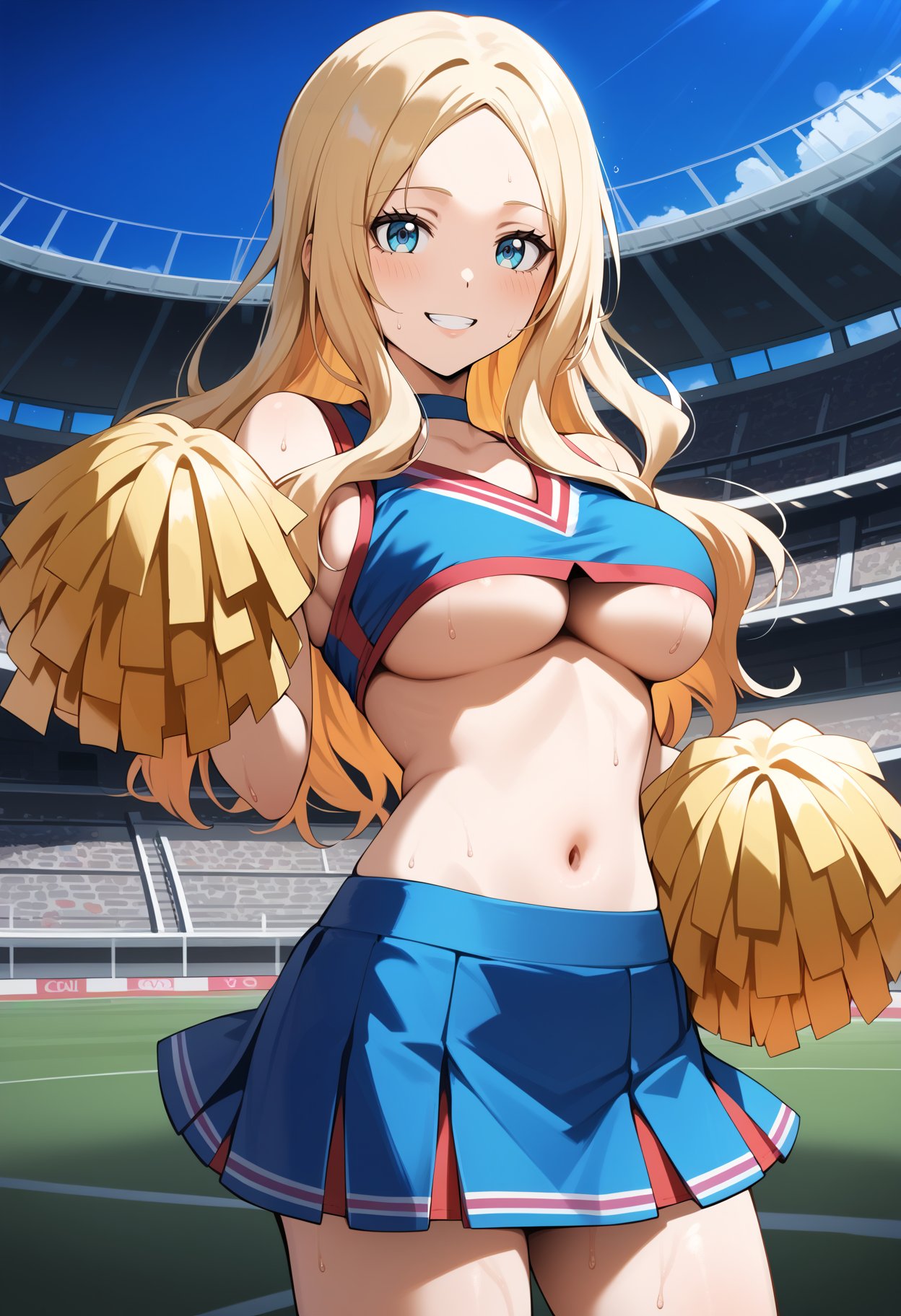 score_9, score_8_up, score_7_up, score_6_up, score_5_up, score_4_up, source_anime, aairina, long hair, parted bangs, blue eyes, breasts, <lora:irina_jelavic_ponyxl_v1:0.9>, cheerleader, pom pom \(cheerleading\), underboob, smile, standing, stadium, midriff, standing, cowboy shot, sweat