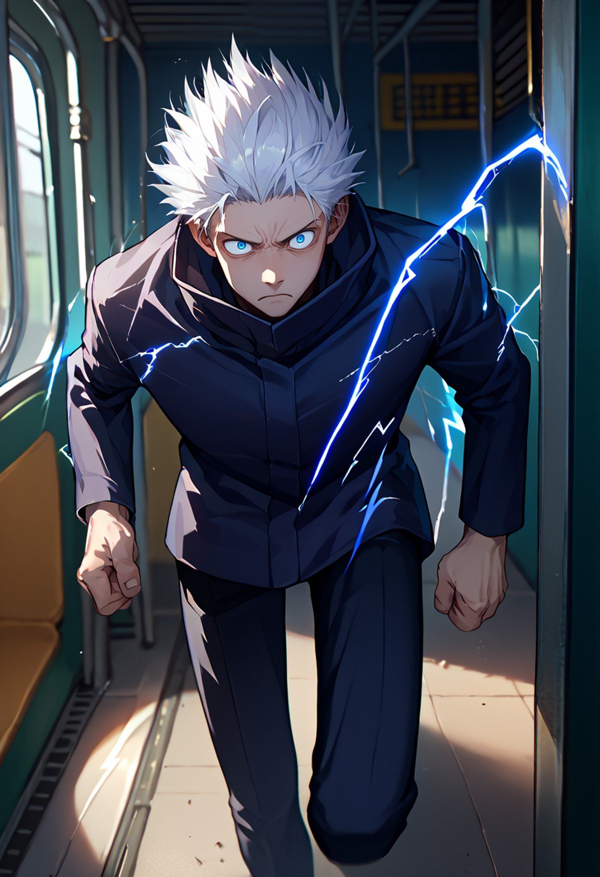 score_9, score_8_up, score_7_up, front view, solo, male focus, 1boy, gojo satoru, serious, running, electricity, motion blur, white hair, blue eyes, constricted pupils, black jacket, high collar, long sleeves, black pants, indoors, subway station <lora:jjk_gojo_ponyXL:1> <lora:Superspeed:0.8>