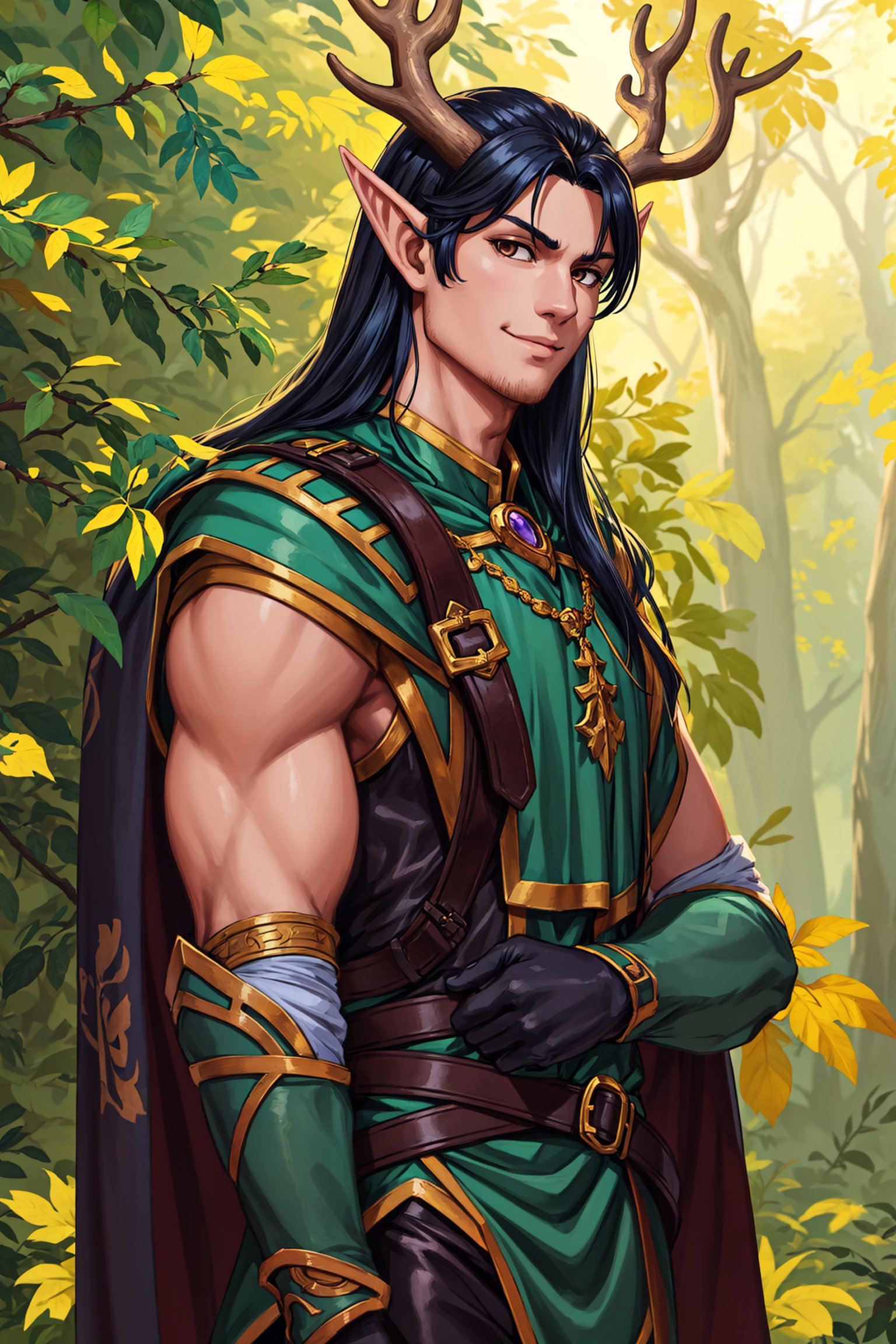 masterpiece, best quality, highres, extremely detailed, (cg illustration),((1boy as manly elf with pointy ears and deer antlers and long black hair)) anddetailed face and glossy detailed brown eyes,forest, summer leaves,(painterly, depth of field), fine details, authentic, cowboy shot, medium shot,(solo, male focus, solo focus), face focus,(he wears green cape and leather tabard and leather bracer and leather pants),(looking at viewer),determined, confident, light smile,upright,(sharp, cel shading), outline, dynamic lighting, toon \(style\), fantasy, baroque, traditional media,<lora:add_detail:0.3>,