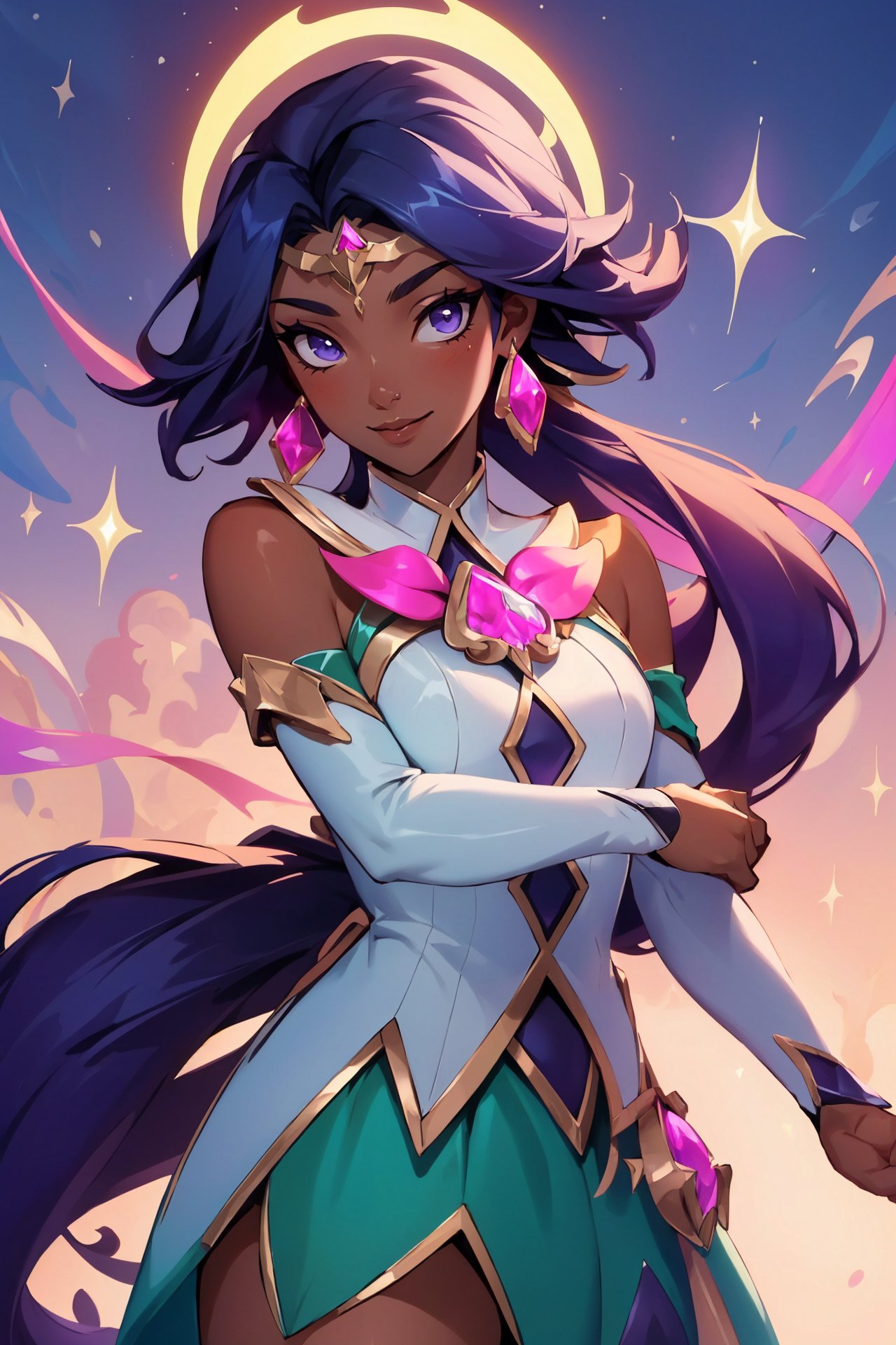 (Masterpiece:1.4), (best quality:1.2), <lora:Nilah_LoL-000020:0.8>, star guardian nilah, 1girl, detached sleeves, green skirt, magical girl, star guardian \(league of legends\), gem, purple hair, upper body, cowboy shot