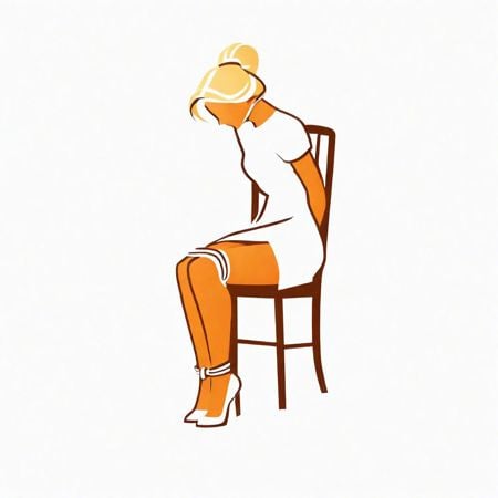 vector illustration, woman, cinematic, blonde hair, simple logo, icon, basic colors, white background, chair, rope, ch4irtied