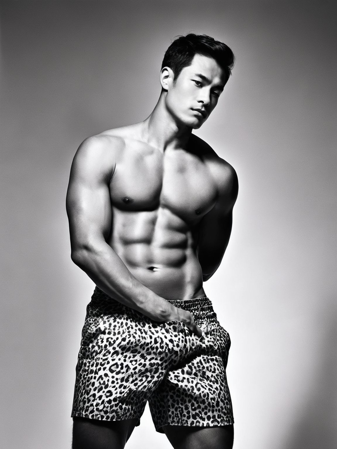 a man with a toned physique,standing confidently against a white background. he is shirtless,displaying a well-defined chest and abdominal muscles. he wears shorts with a leopard print pattern. the lighting accentuates his features,and he appears to be in a contemplative or focused state.,greyscale,monochrome, masterpiece,best quality,