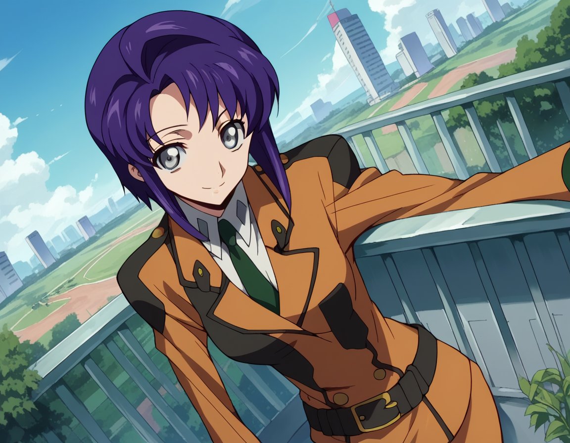 score_9, score_8_up, score_7_up, source_anime,cecilecroomy, <lora:cecile-croomy-s1-ponyxl-lora-nochekaiser:1>,cecile croomy, short hair, grey eyes, purple hair,necktie, belt, uniform, military, military uniform,outdoors, cityscape, bent over, smile,looking at viewer, dutch angle, cowboy shot, solo,