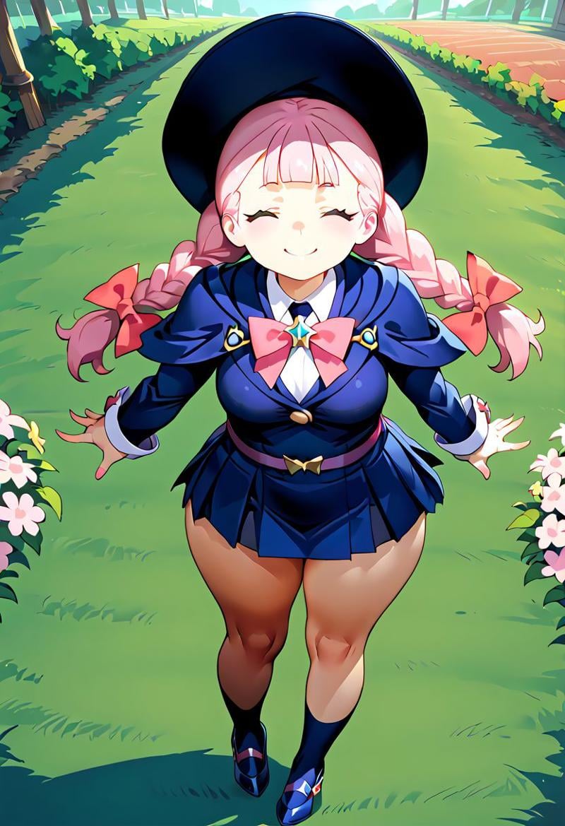 score_9, score_8_up, score_7_up, source_anime,anime keyvisual, 1girl, jasminka, little witch acaddemia uniform, lunanova uniform, witch hat, dynamic pose, full body, pink hair, closed eyes, twinbraid, curvy body, in the park, flower field around, csr style, girl stature