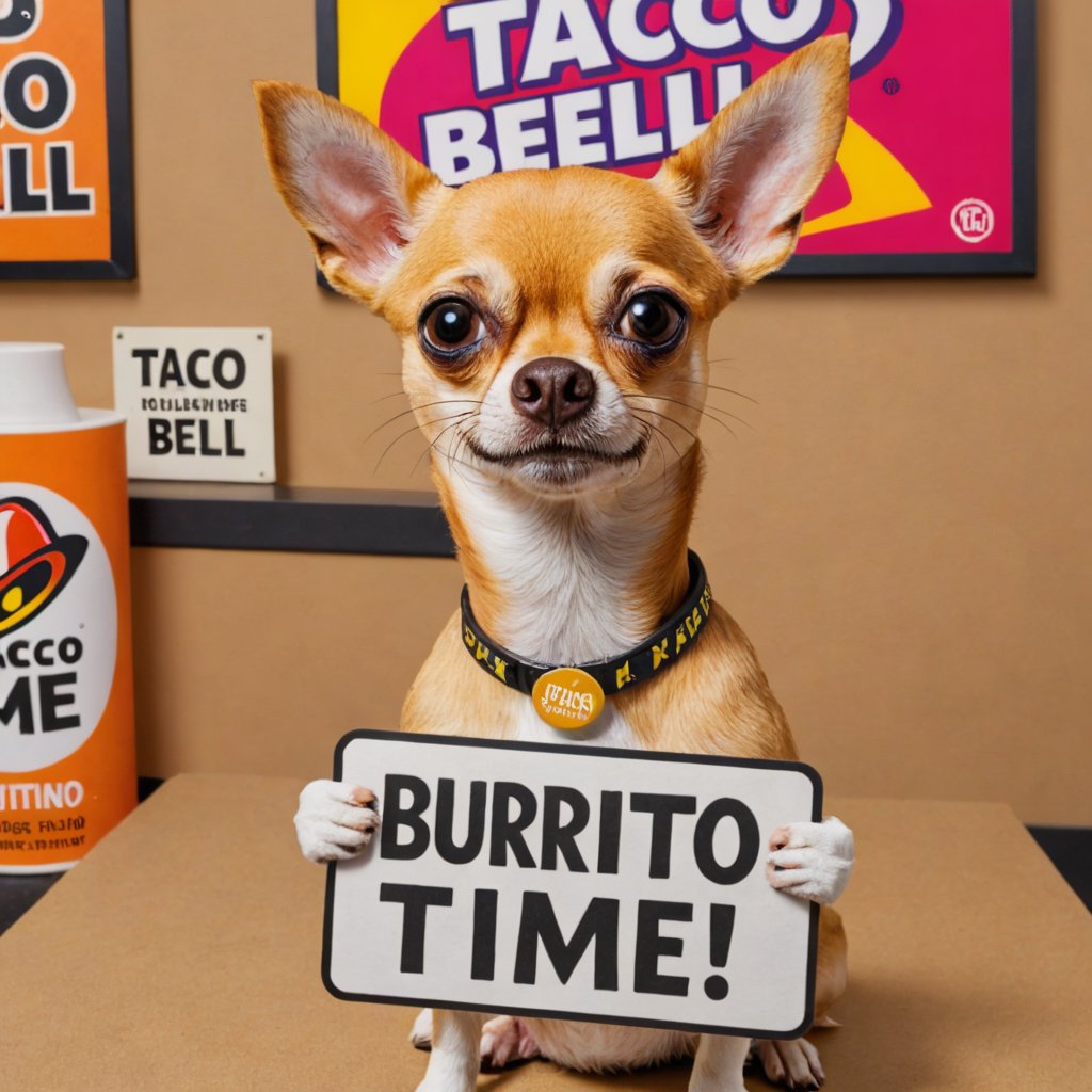 Photo of taco bell chihuahua with a sign saying "burrito time"