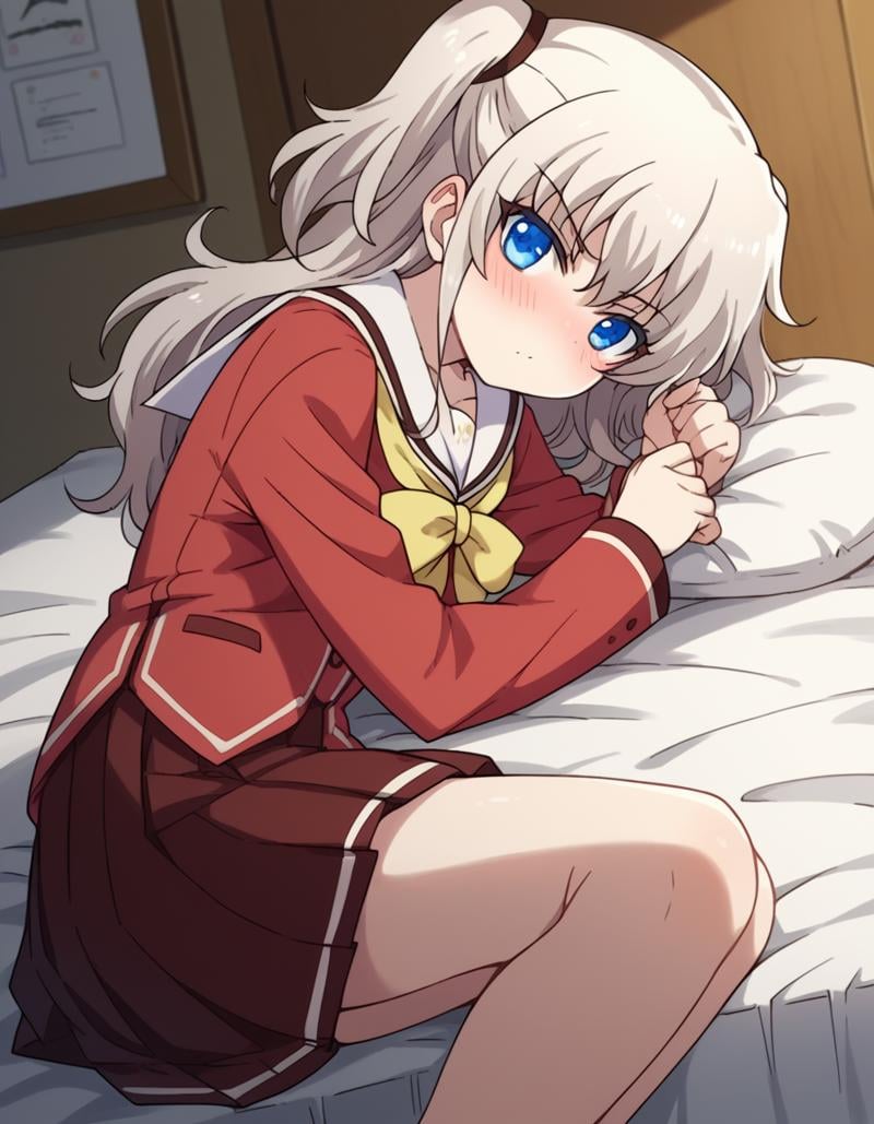 score_9, score_8_up, score_7_up, source_anime,naotomori, <lora:nao-tomori-s1-ponyxl-lora-nochekaiser:1>,nao tomori, long hair, blue eyes, two side up,school uniform, serafuku, long sleeves, red blazer, red skirt, pleated skirt, white sailor collar,indoors, bed, bed room, on side, blush, drunk,looking at viewer, cowboy shot, solo, dutch angle,