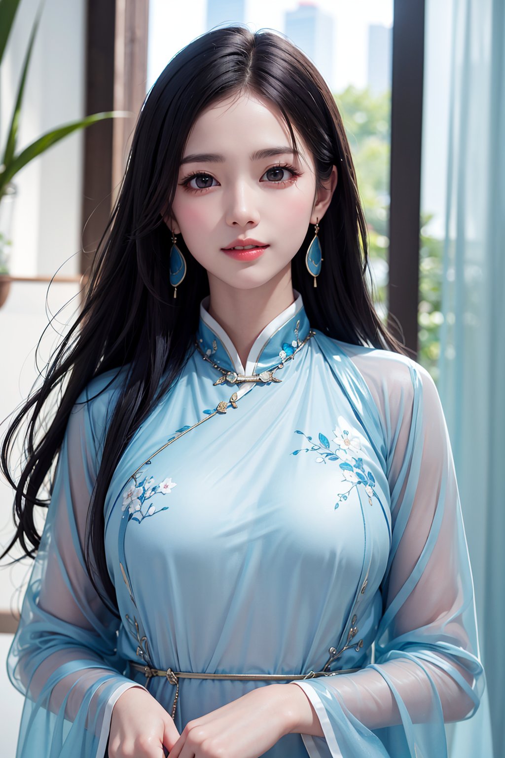 (best quality, masterpiece, 8K, ultra high res, realistic:1.3),(Beautiful and detailed face:1.2),(upper body:1.2),1girl,solo,looking at viewer,big breasts,slim body,black long hair,arms at sides,smile,(Extremely detailed light blue chinese long robe:1.2),earrings,hairpin,necklace,architecture,east asian,riverside,forest,(transparent clothes:1.6),(Bangs:0.5),