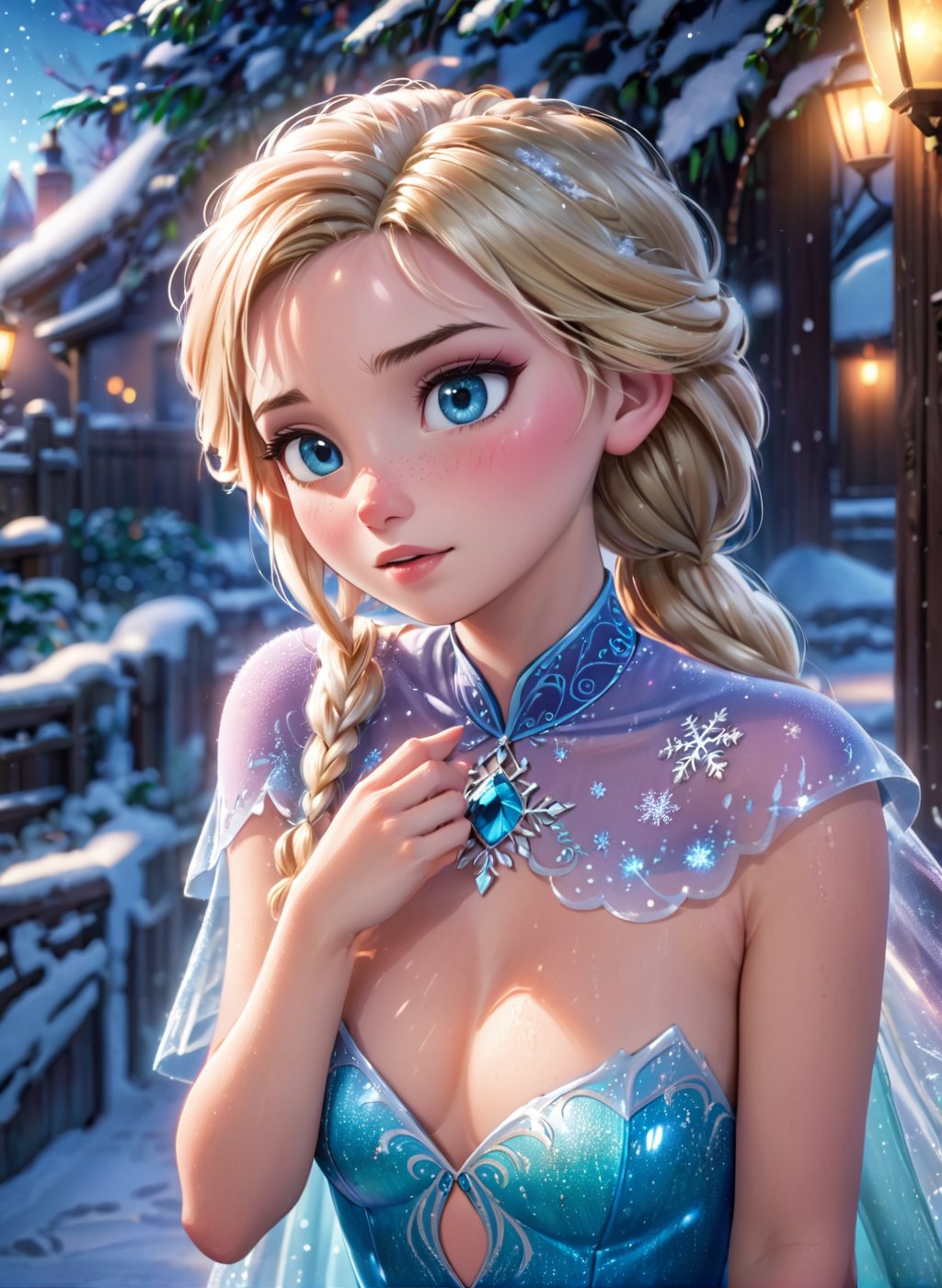 princess elsa from frozen, snowflakes, full body, (masterpiece), best quality, highres, 4k, 8k, intricate detail, cinematic lighting, amazing quality, amazing shading, soft lighting, ultra detailed skin, ultra detailed face, perfect eyes, small skin imperfections, 35mm, analog style, a realistic photo, film grain, (photorealistic:0.6), taken by a canon eos r5