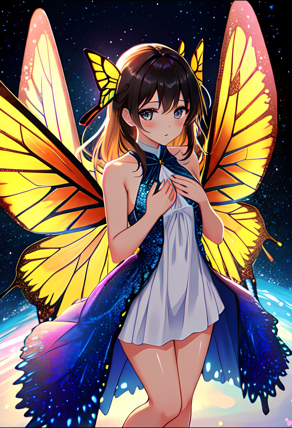 solo, girl, looking at viewer, half body, view from knees up, standing, standing straight, girl in full view, best quality, masterpiece, close up, small breasts, butterfly, dress, wings, wings attached to shoulders, hands behind back, hands hidden, <lora:Butterfly_clothing:1>