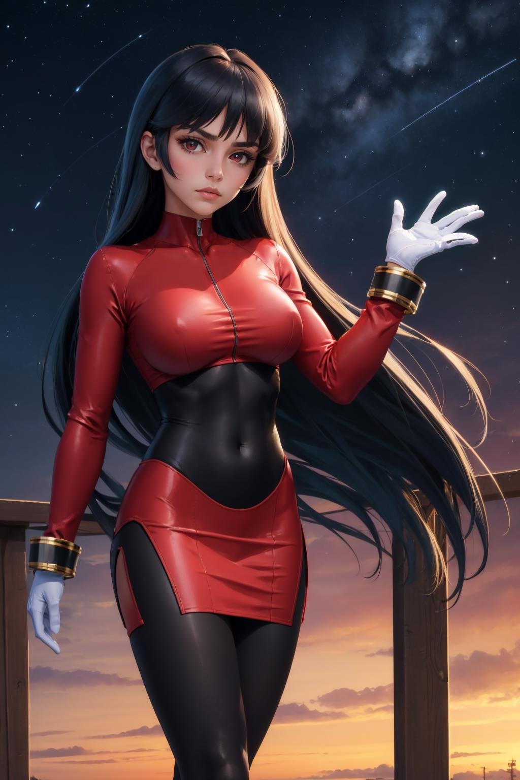 masterpiece, best quality, <lora:sabrina-nvwls-v1-000009:0.9> frlgsabrina, blunt bangs, very long hair, black bodysuit, red crop top, red sleeves, red skirt, white gloves, black pantyhose, large breasts, furrowed brow, emotionless, looking at viewer, night sky, boots