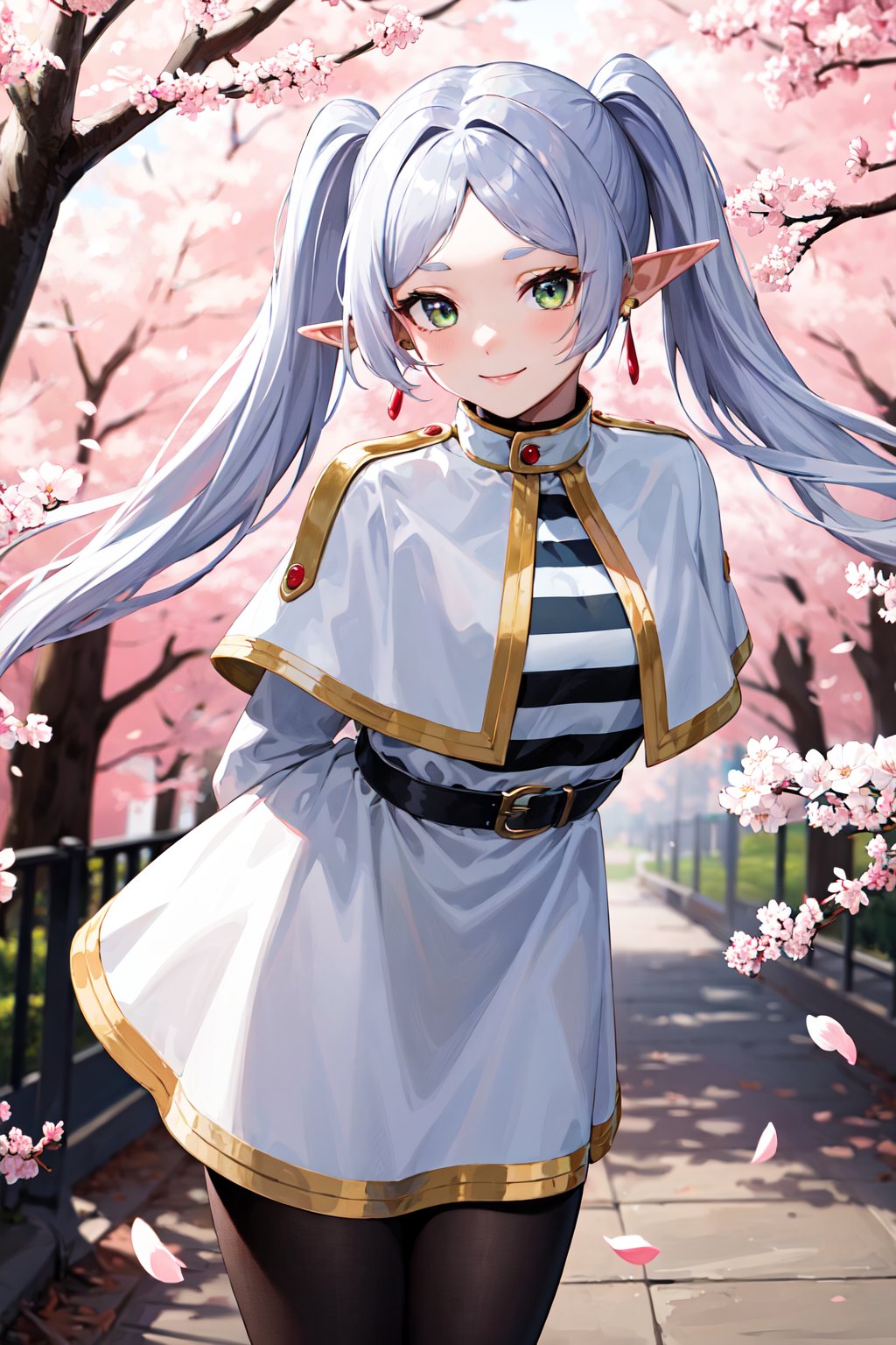 masterpiece, best quality, highres, aafrie, long hair, white hair, twintails, pointy ears, earrings, thick eyebrows, white capelet, striped shirt, long sleeves, belt, white skirt, black pantyhose , <lora:frieren_v1:0.7>, arms behind back, smile, cherry blossoms, standing, cowboy shot, leaning forward, 