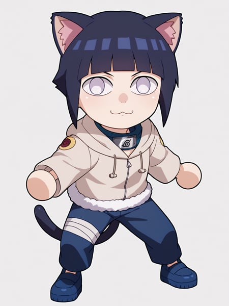 score_9, score_8_up, score_7_up, BREAK,1girl, necoarc, cat ears, shalltear,hyuuga hinata, short hair, black  hair, no pupils, blunt bangs, shiny hair, white eyes, hoodie, hood down, long sleeves, fur trim, capri pants,chibi, slit pupils, solo, full body, white background <lora:necoarc-guy-PONY-v1:1>     <lora:HinataGeninXL:1>