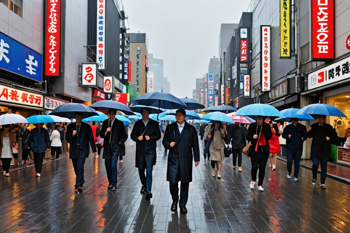 People with umbrellas are busy moving about in Dotombori,  Osaka,  where it is raining very heavily.Very thick raindrops fall. Ultra-clear,  Ultra-detailed,  ultra-realistic,  full body shot,  very Distant view,  facial distortion,<lora:EMS-74471-EMS:0.400000>,<lora:EMS-57135-EMS:0.400000>,<lora:EMS-24184-EMS:0.800000>