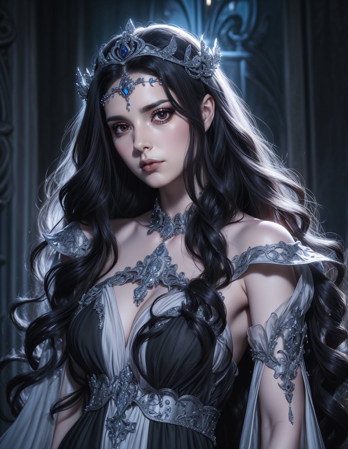 (portrait photo:1.3), adult woman, 38 year old female, medium breasts, wearing HUD_spr_armr, jeweled tiara, long chiffon dress, detached sleeves, jewelry, intricate engraved metal neckpiece, belt, pauldrons,<lora:HUD_spr_armr-07:0.65>, (long black wavy hair:1.2), cinematic, dramatic, 4k