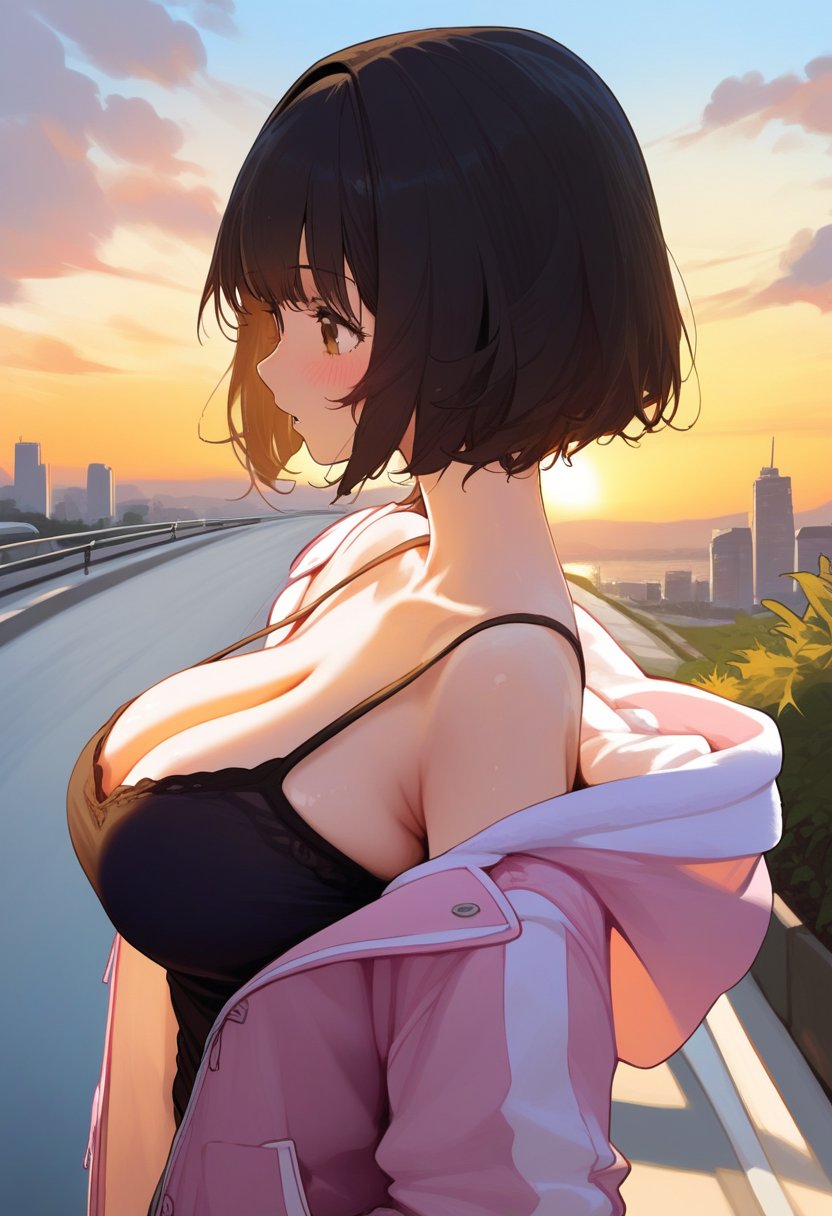 score_9, score_8_up, score_7_up, score_6_up, source_anime, <lora:CLD 0.1v:1>, CLD,1girl, solo, outdoors, hood, jacket, blush, short hair, hood down, open clothes, hooded jacket, black hair, sky, lamppost, pink jacket, upper body, sunset, open jacket, bangs, blurry, hoodie, blurry background, building, city, camisole, black camisole, parted lips, from side, long sleeves, road, breasts, cloud, brown eyes, collarbone, large breasts, water, cleavage, bob cut,