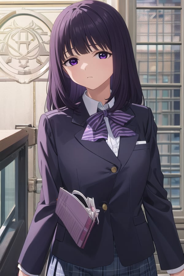 rionashijou, <lora:riona shijou s1-lora-nochekaiser:1>,riona shijou, bangs, purple hair, (purple eyes:1.1), medium hair,BREAK skirt, long sleeves, school uniform, jacket, socks, black skirt, two side up, black jacket, kneehighs, blazer, black socks, bow, bowtie, stripped, stripped bowtie,BREAK indoors, classroom,BREAK looking at viewer, (cowboy shot:1.5),BREAK <lyco:GoodHands-beta2:1>, (masterpiece:1.2), best quality, high resolution, unity 8k wallpaper, (illustration:0.8), (beautiful detailed eyes:1.6), extremely detailed face, perfect lighting, extremely detailed CG, (perfect hands, perfect anatomy),