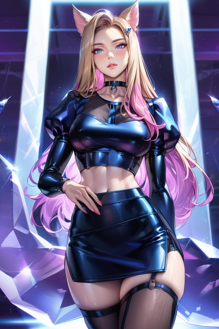 (Masterpiece), mature, HDR,UHD,8K, best quality, Highly detailed, physically-based rendering, extreme detail description, perfect skin, shiny skin, shiny hair,perfect face, 1girl, baddest, blonde hair, blue eyes, pink hair, crop top, high thighighs, multicolored hair, mini skirt, facial mark, animal ears, tail, choker,Ahri, black top, K/DA Ahri, long sleevs, black skirt ,LeagueOfLegendsAhri, long hair, puffy sleeves, crystal, black thighighs, juliet sleeves, whisker markings,ahri, stockings, high stocking<lora:EMS-335737-EMS:0.600000>, <lora:EMS-388761-EMS:0.100000>, <lora:EMS-418655-EMS:0.800000>