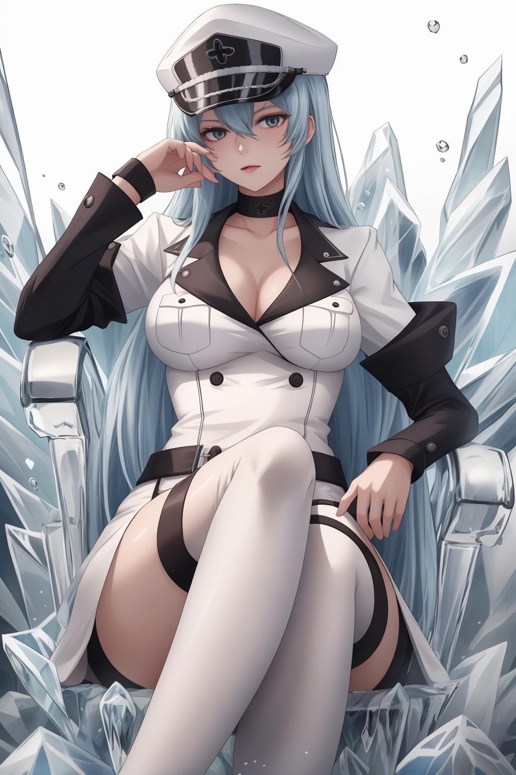 ((best quality)), absurdres, ((ultra high res)), esdeath, a woman in a white uniform, sitting on ice chair, extremely detailed, 8k, masterpiece, <lora:easdeath-12:0.75>