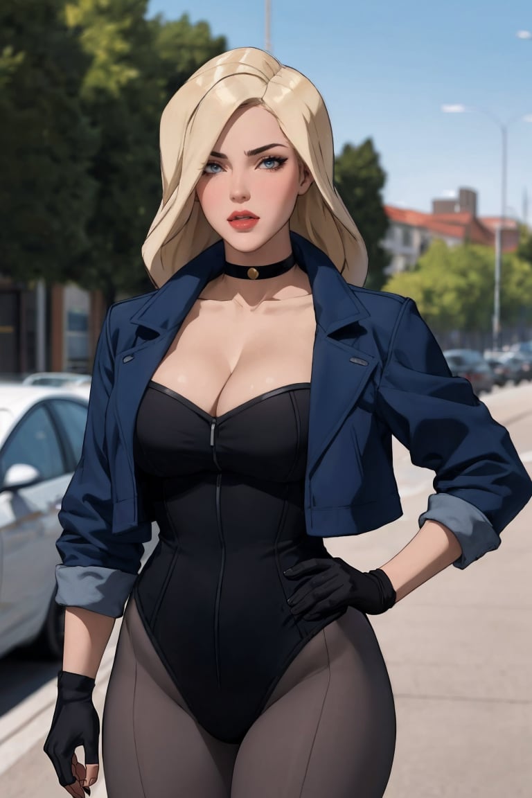 masterpiece, best quality, high quality, highres, outdoors, day, upper body, looking at viewer, solo, focused, BREAK, Costume_BlackCanary_ownwaifu, www.ownwaifu.com,1girl, blonde hair,  blue eyes, breasts, lipstick, makeup, red lips, collarbone, lips, large breasts, eyeshadow, choker, long hair, black choker,cleavage, cropped jacket, blue jacket, grey pantyhose, leotard, black leotard, fingerless gloves, black gloves,  sleeves rolled up,  open jacket, <lora:CARTOON_DC_YJ_BlackCanary_ownwaifu-15:0.65> 