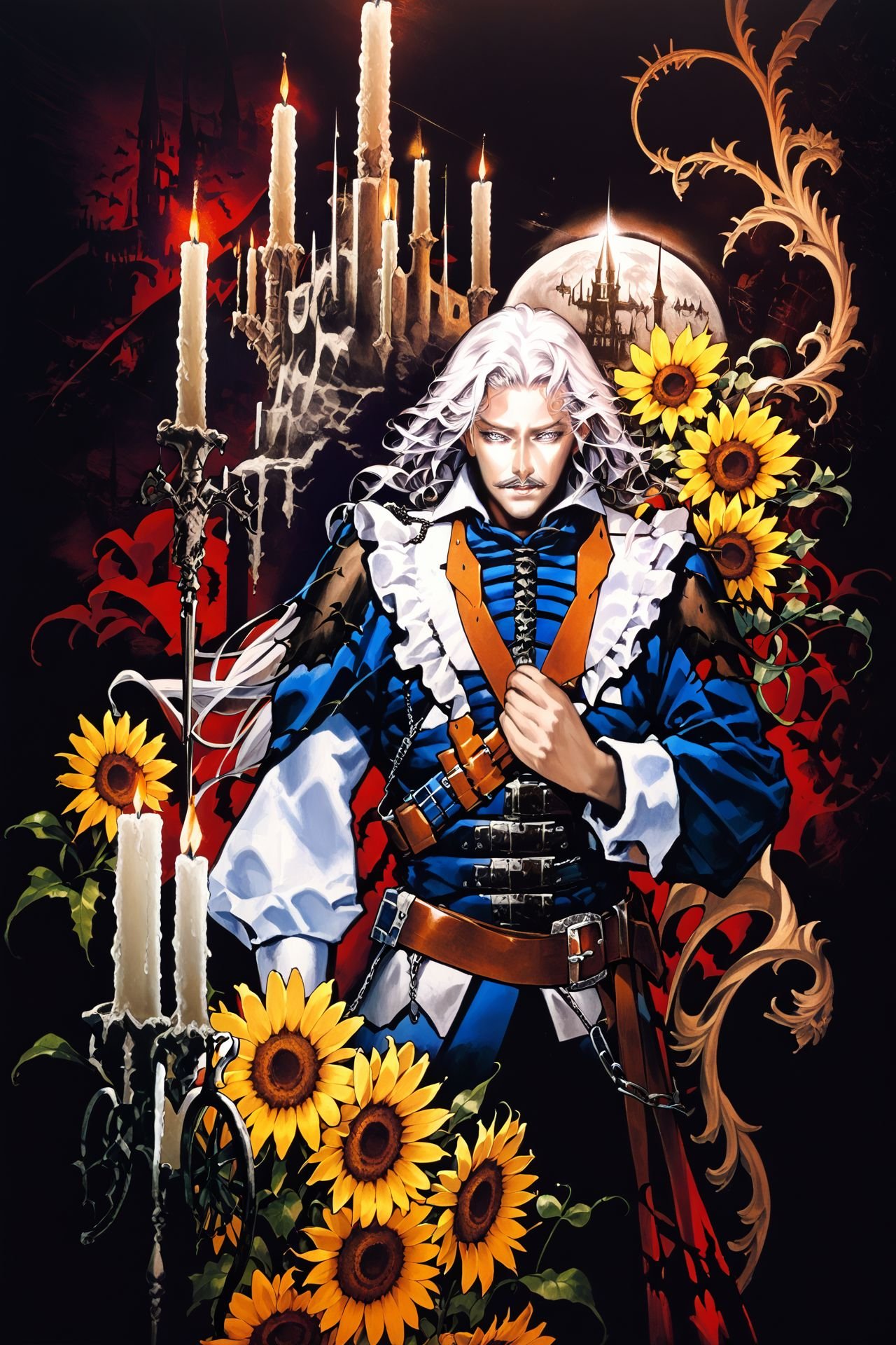 score_9, score_8_up, score_7_up, 1boy, white hair, mustache, silver eyes, bat wings, castle, Sunflower, \(flower\), withered flower, skeleton, chain, belt, frills, candle, god rays, abstract background <lora:Kojima_Ayami_PonyXL_style_v01:1>