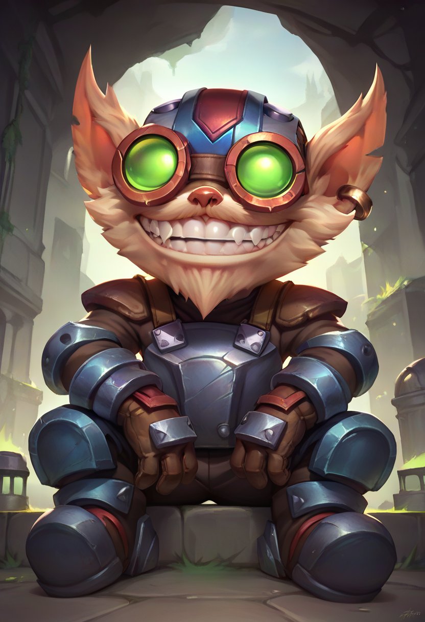 ,score_9, score_8_up, score_7_up, score_6_up,z1ggs, 1boy, male focus, yordle, teeth, grin,armor, goggles, helmet, gloves, brown gloves,  <lora:Ziggs_Default_v1:0.9>, sitting