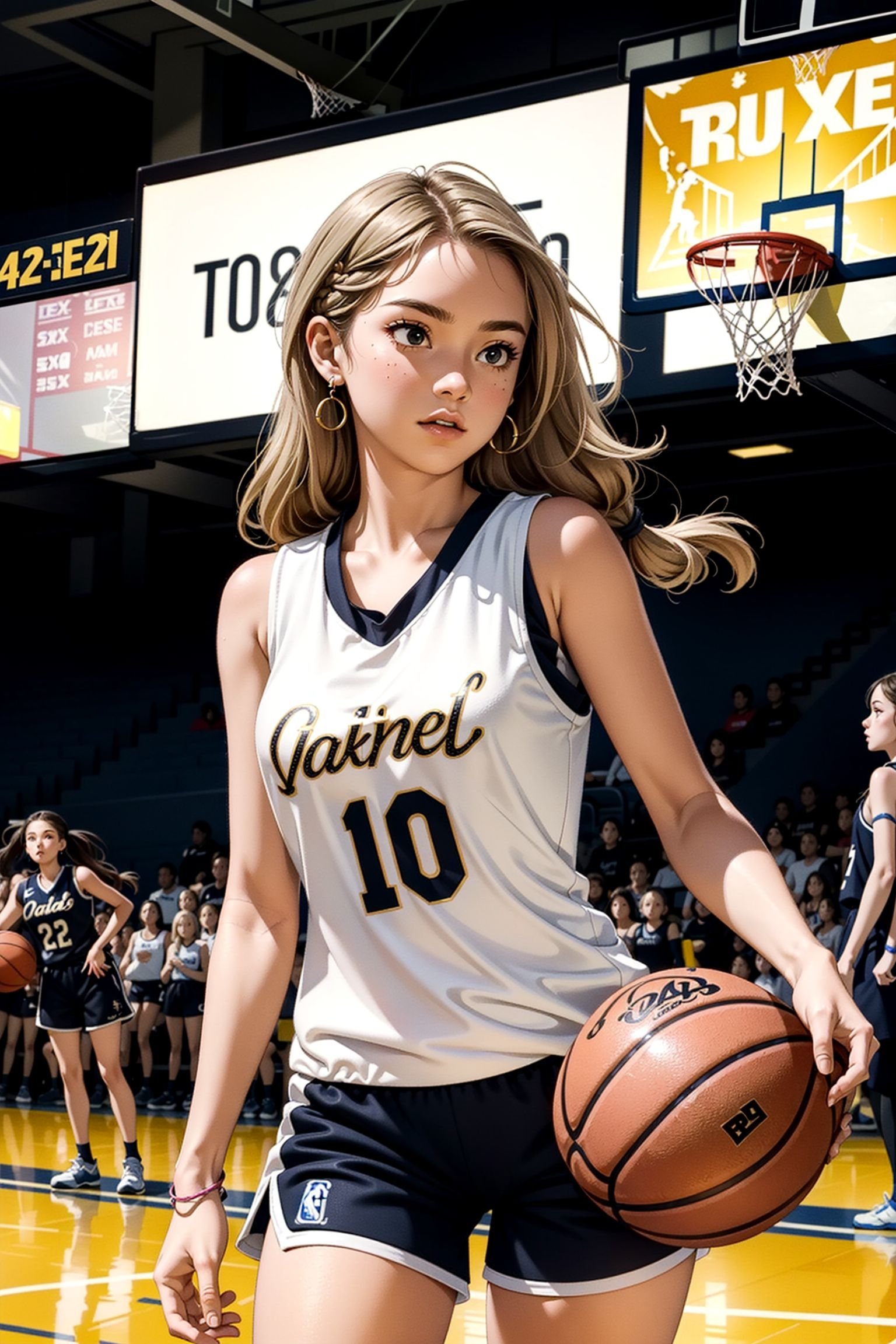 2girls, masterpiece, high quality, 8k, high resolution, perfect art, (2 female basketball player in a tank top and shorts, shooting a basket:1.4), Woman, Average Height, Narrow Hips, Heart-Shaped Face, Fair Skin, Golden Blonde Hair, black Eyes, Narrow Nose, Pouty Lips, Prominent Chin, Long Hair, Thick Hair, Fishtail Braid, perky breasts, Faux gauge earrings, soft pink cream lipstick