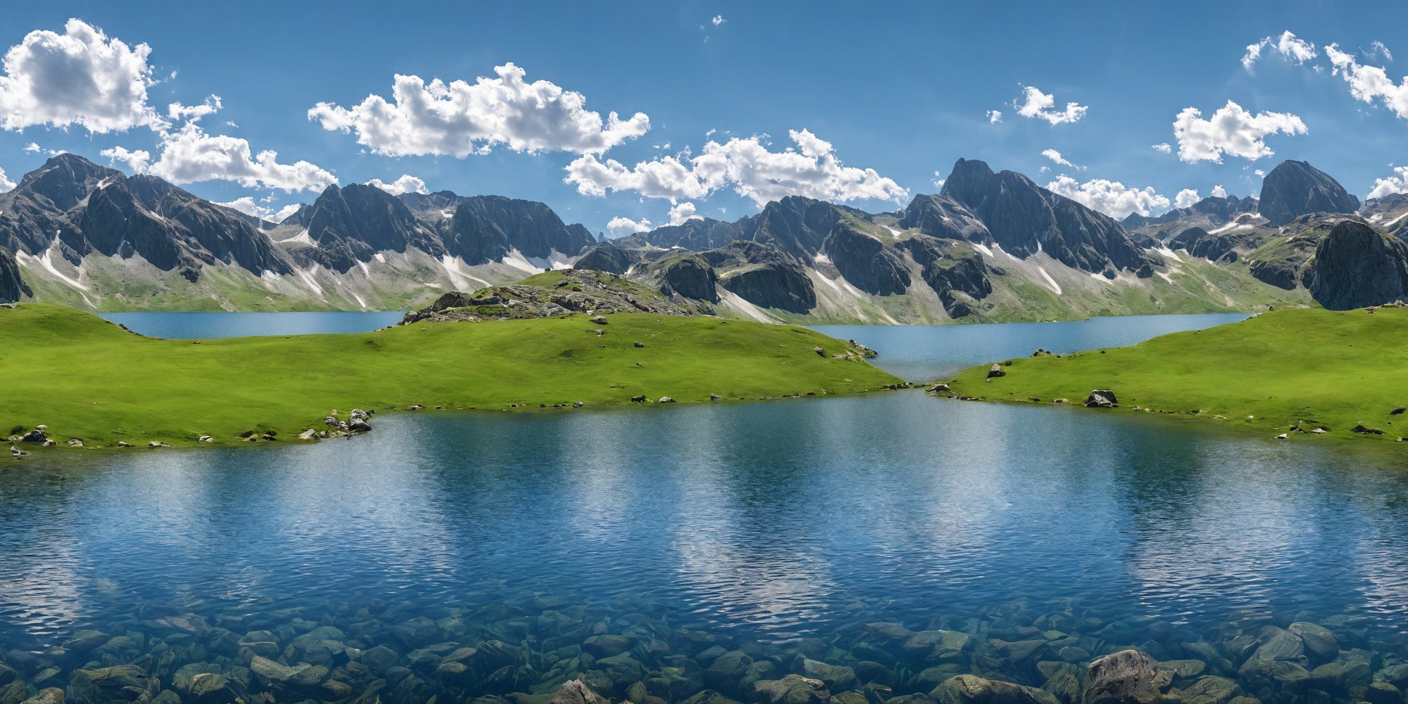 <lora:HMSG风景XL-000008:1>,Centered Horizon,No seams,A serene lake nestled among rocks and grassland,with a majestic mountain range serving as its backdrop. The clear waters of the lake mirror the sky above,creating a peaceful equilibrium between earth and heaven. The grass whispers with the wind,and the surrounding rocks stand as silent witnesses to the timeless beauty of this secluded haven.,<lora:光影XL:1>,