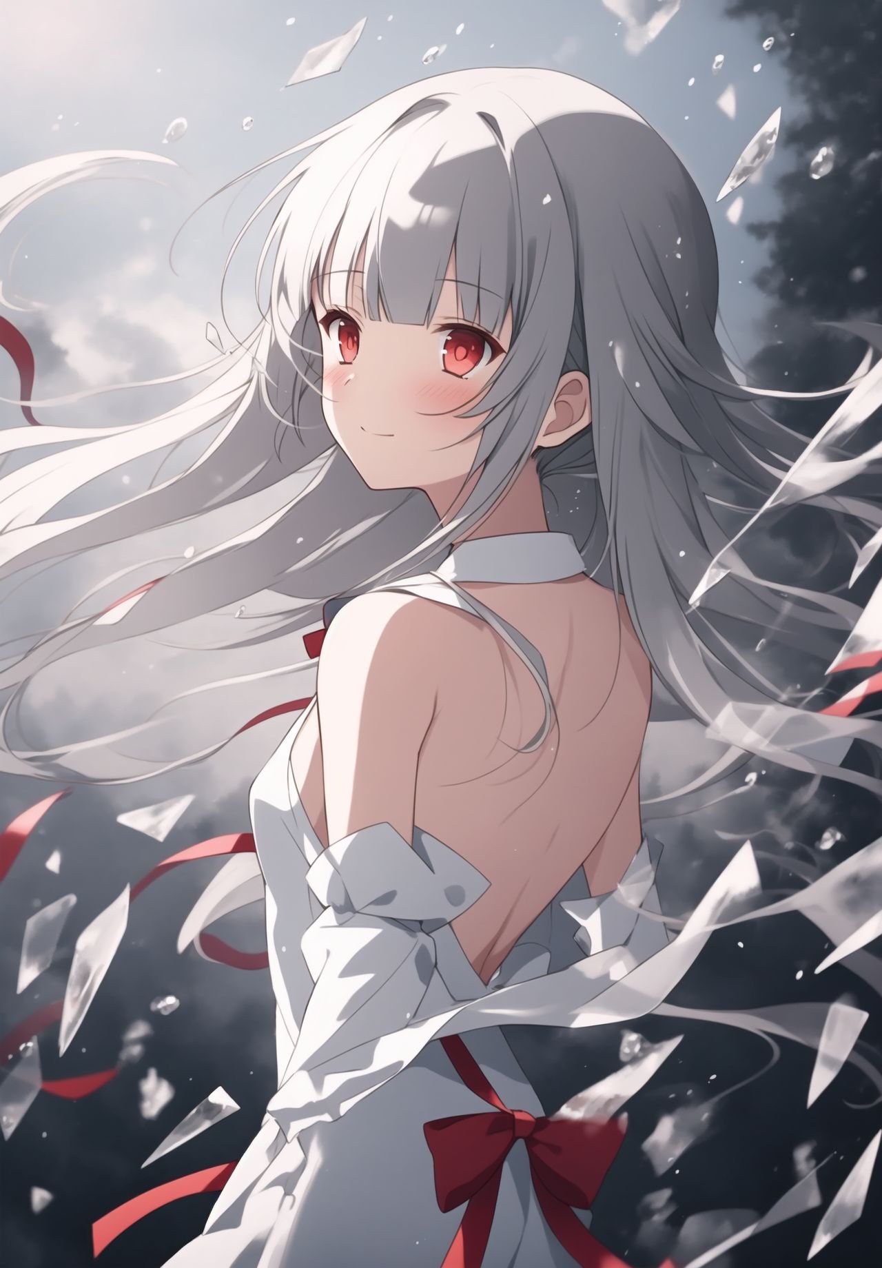 Brilliant light and shadow,Back lit,1girl, side blunt bangs,hairs between eyes,Red eyes,delicate face, ribbons,White Dress, bowties, buttons, bare shoulders,Detached Sleeve,(small breast), ((breeze)), Flying splashes,wind,Long flowing hair,(Broken glass),Grey hair,The flying water,Hair covering your body,The flying red ribbon,(Ink painting style),[:(Delicate arms and hands):0.8]