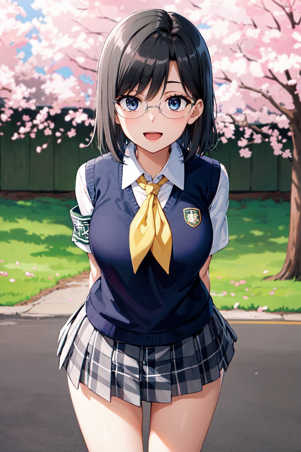 masterpiece, best quality, highres, aamii, short hair, black hair, blue eyes, glasses, school uniform, yellow neckerchief, collared shirt, sweater vest, (blue vest:1.2), short sleeves, armband, plaid skirt, grey skirt, <lora:konori_mii_v1:0.7>, standing, cowboy shot, arms behind back, leaning forward, smile, open mouth, outdoors, cherry blossoms, 