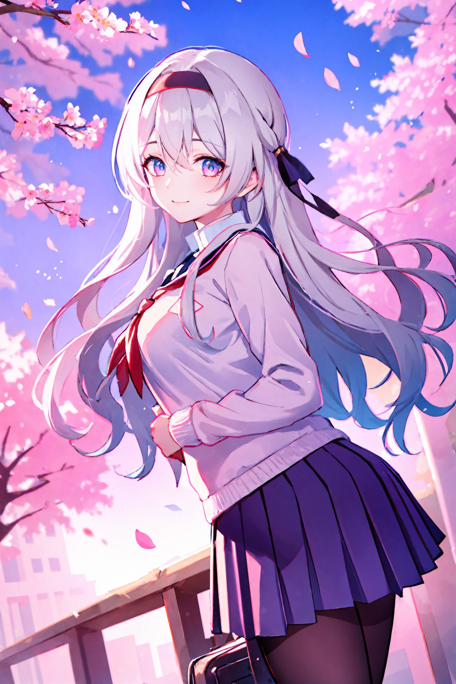 1girl, firefly \(honkai: star rail\), hairband, solo, school uniform, white shirt, sweater, pleated skirt, pantyhose, light smile, looking at viewer, outdoors, street, cherry blossoms, petals, depth of field