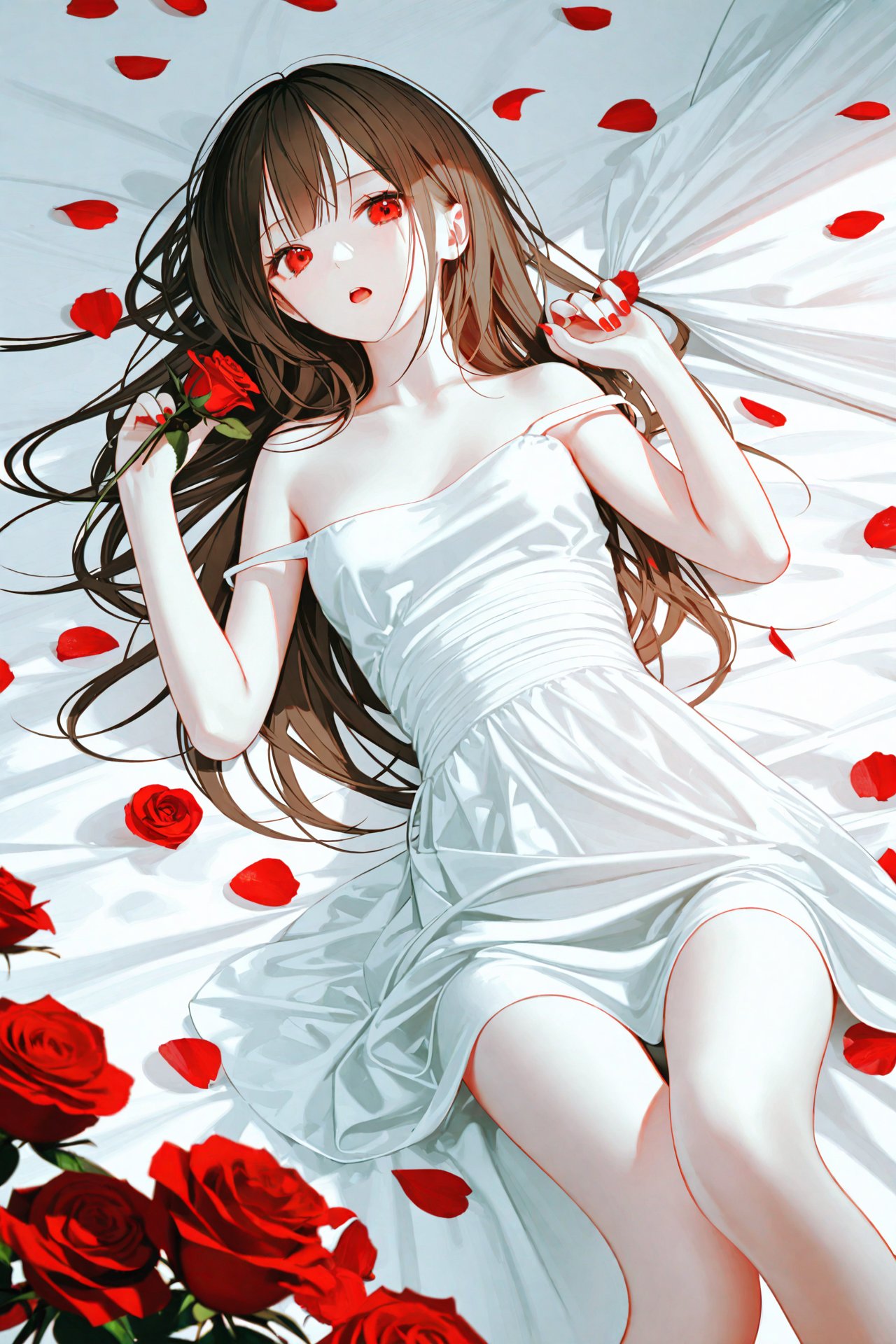 masterpiece,best quality,illustration,ultra detailed,hdr,Depth of field,(colorful),[Artist chen bin],[iumu],[Artist omone hokoma agm],Artist roha,1girl,solo,petals,red eyes,long hair,lying,brown hair,flower,on back,rose,looking at viewer,strap slip,open mouth,nail polish,red flower,bare shoulders,rose petals,bed sheet,bare arms,dress,white dress,red rose,sleeveless,red nails,breasts,sleeveless dress,holding,curtains,