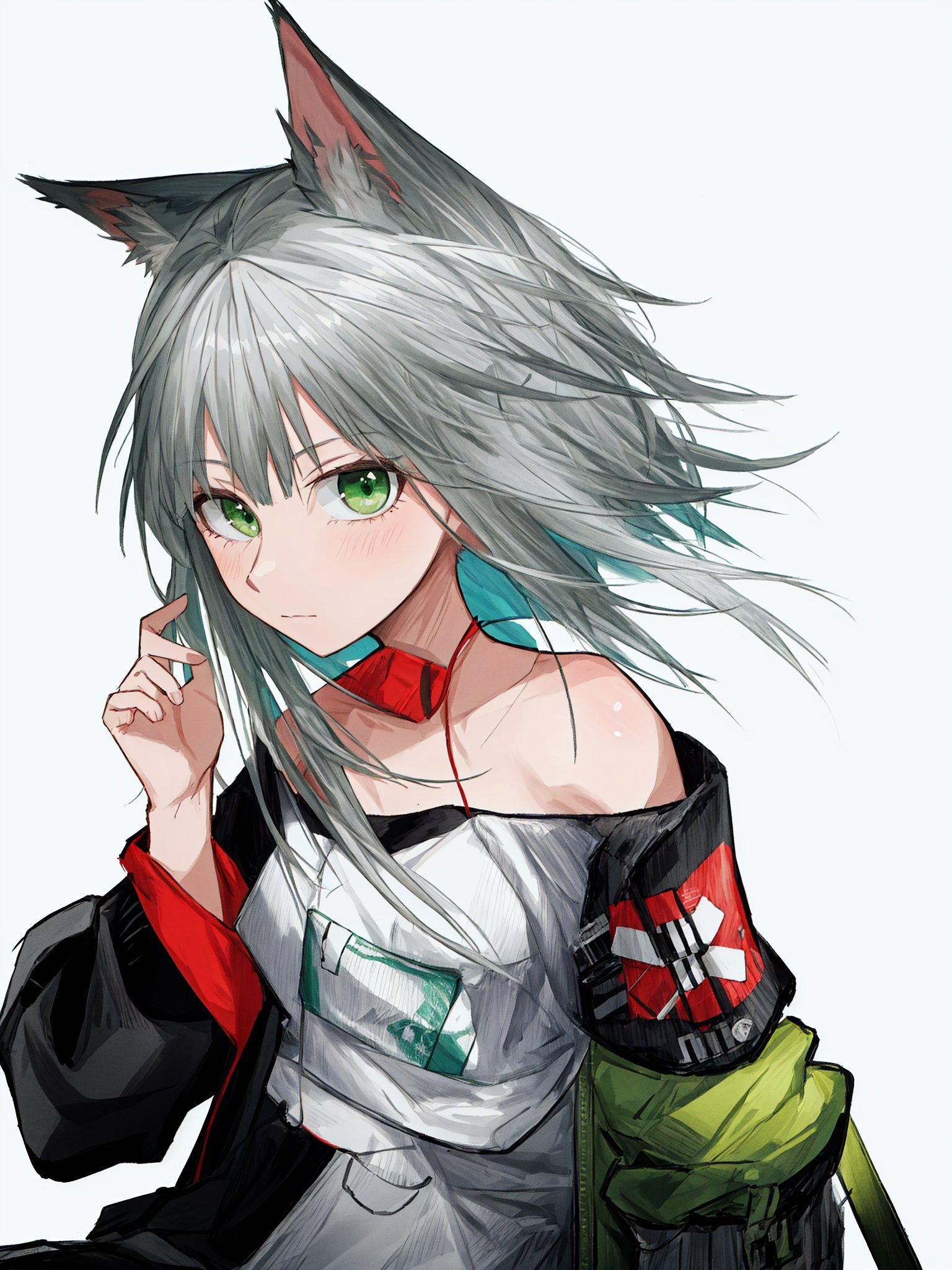 1girl, solo, kal'tsit \(arknights\), green eyes,short hair, silver hair, animal ear fluff, animal ears, bangs, closed mouth, looking at viewer, bare shoulders, armband, strapless, off shoulder, bandeau, jacket, simple background, tube top, upper body, white background,best quality,amazing quality,very aesthetic,absurdres,