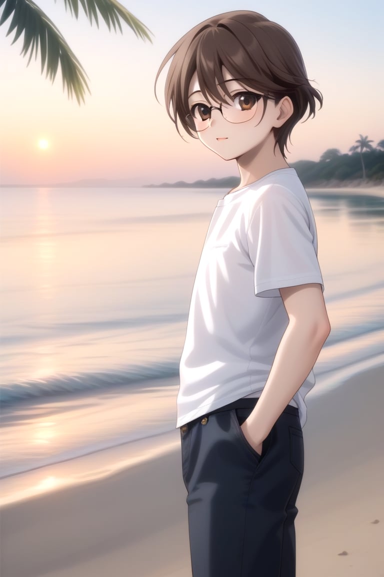 Highly detailed, High Quality, masterpiece, beautiful, BREAK 1boy, solo, male focus, 16 years old, yuuki ashikaga, brown hair, brown eyes, short hair, glasses, BREAK beach, palm trees, sea, outdoors, sunset,BREAK pants, white T-shirt, BREAK side view, Focus waist, standing<lora:EMS-332415-EMS:0.600000>, <lora:EMS-438646-EMS:1.000000>