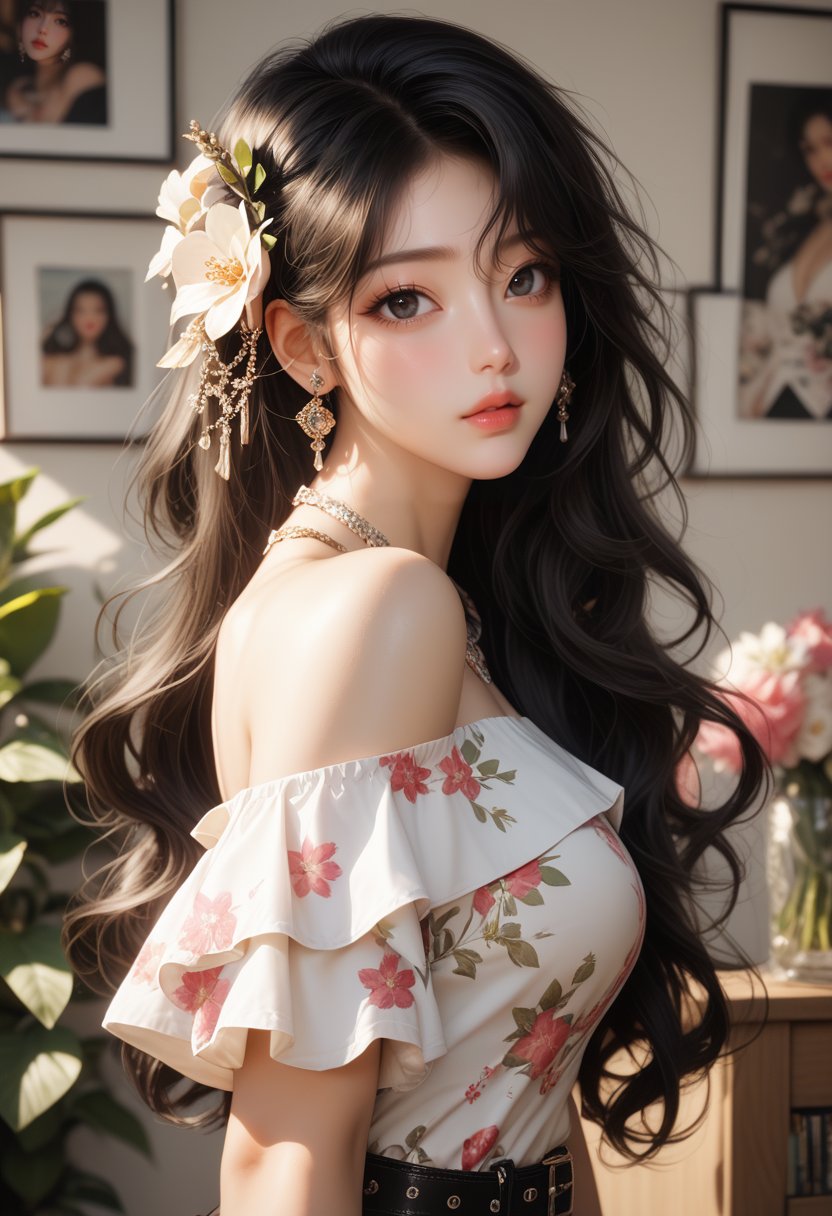 (score_9, score_8_up), score_7_up, score_6_up, 1girl, long hair, breasts, looking at viewer, bangs, skirt, shirt, black hair, hair ornament, bare shoulders, jewelry, very long hair, white shirt, upper body, flower, short sleeves, earrings, belt, signature, hair flower, necklace, off shoulder, black eyes, from side, lips, wavy hair, floral print, realistic, off-shoulder shirt, frilled shirt, photo (object),