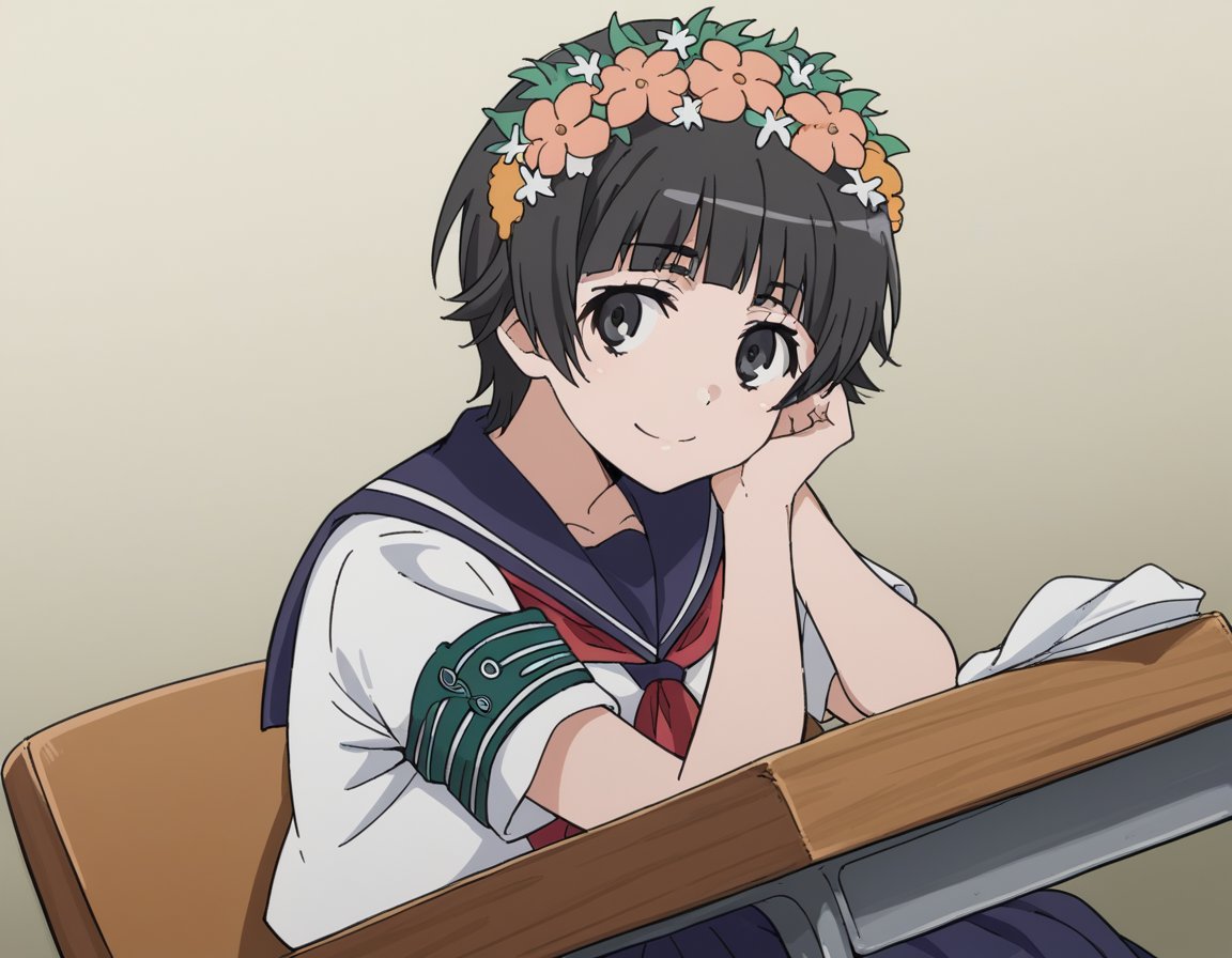 score_9, score_8_up, score_7_up, source_anime, <lora:uiharu-kazari-s3-ponyxl-lora-nochekaiser:1>, uiharu kazari, black eyes, black hair, flower, hair flower, hair ornament, head wreath, short hair, bangs, blunt bangs,, armband, sakugawa school uniform, school uniform, serafuku, skirt, summer uniform, neckerchief, red neckerchief, blue sailor collar, blue skort, short sleeves,, indoors, smile, looking at viewer, solo, sitting, head rest, table,, cowboy shot, dutch angle