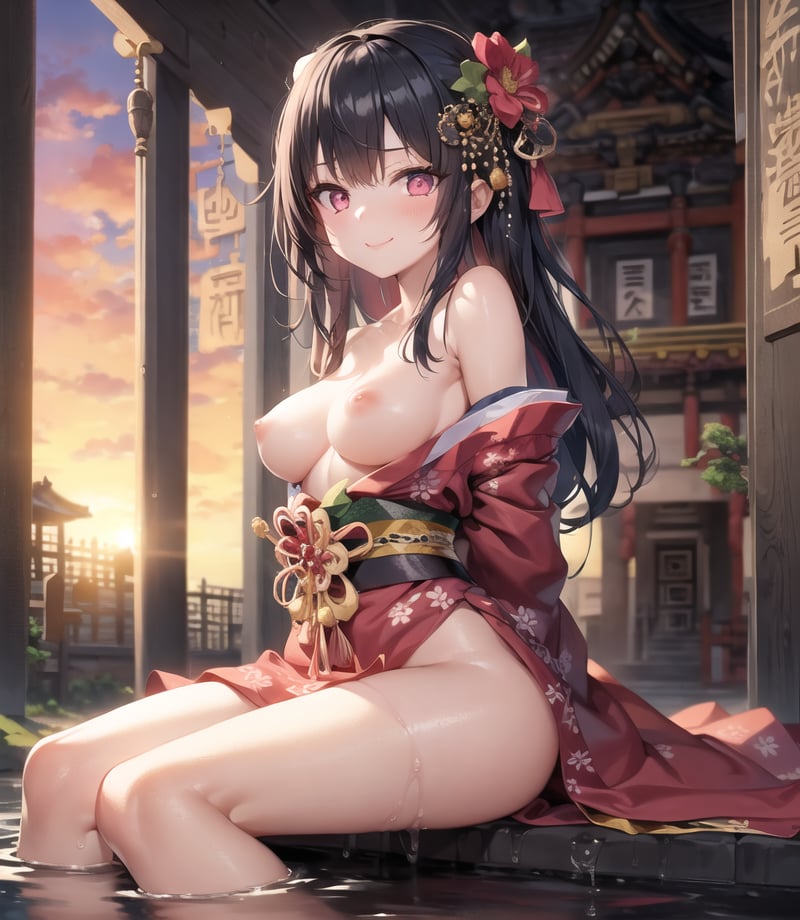 masterpiece, best quality, detailed, 1girl, pink eyes, long hair, black hair, (grapefruit in front), (temple in the background), sitting, red kimono, medium breasts, topless, light smile, arms behind back, water, sunset, hair ornament,