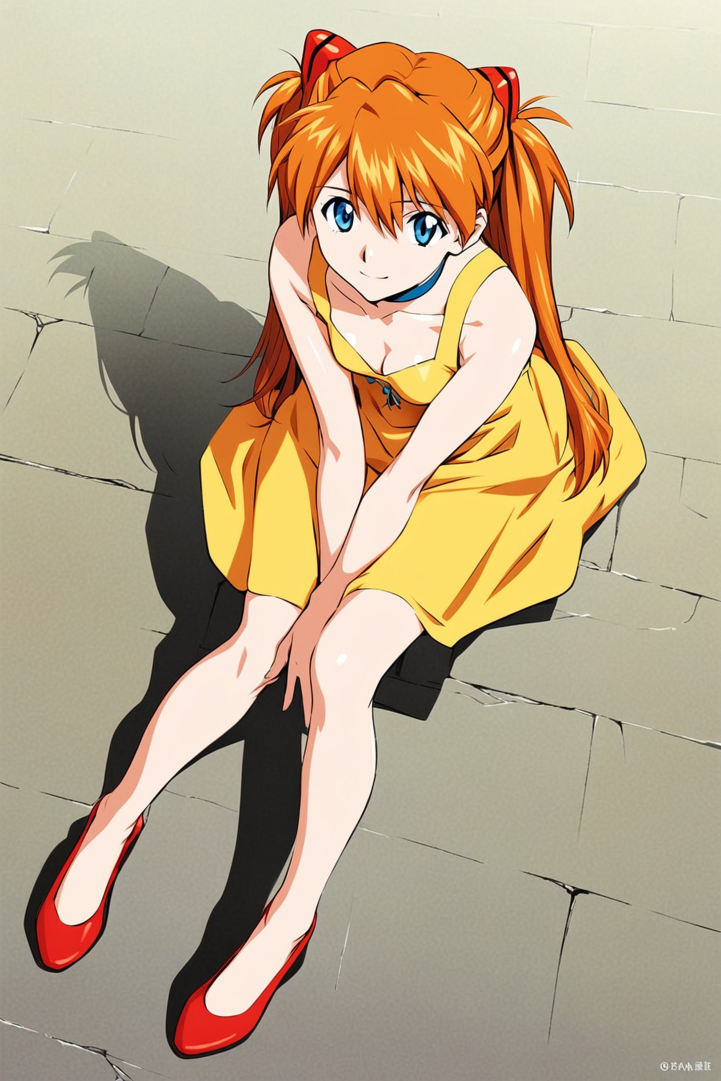 1girl,souryuu asuka langley,yellow dress,dress,solo,shadow,long hair,blue eyes,breasts,gradient,orange hair,gradient background,smile,choker,sitting,shoes,bangs,full body,cleavage,looking at viewer,small breasts,bare shoulders,from above,two side up,yellow background,v arms,light smile,sleeveless,hair ornament,closed mouth,sleeveless dress,<lora:Sadamoto Yoshiyuki_XL_kohaku:0.8>,